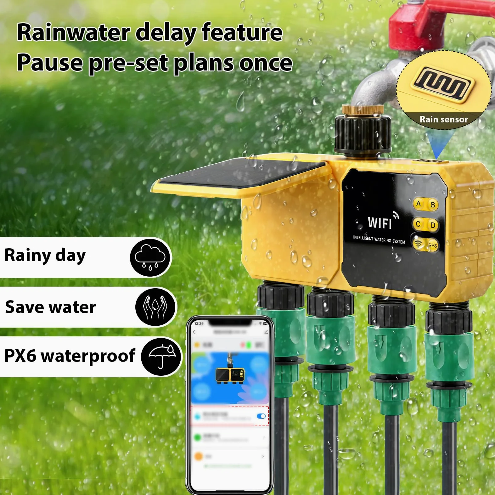 Temporizador de Riego Inteligente, Temporizador de Agua WiFi para Manguera Jardín, Control Aplicación, Sensor Lluvia, Riego Jardín 4 Zonas para Exteriores,