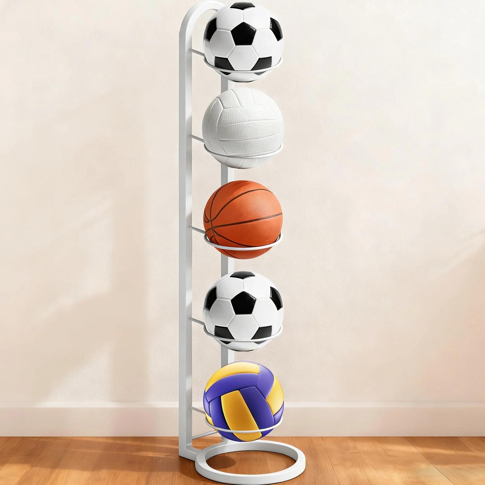 Estante para balones vertical 5 capas, porta balones de baloncesto voleibol fútbol blanco