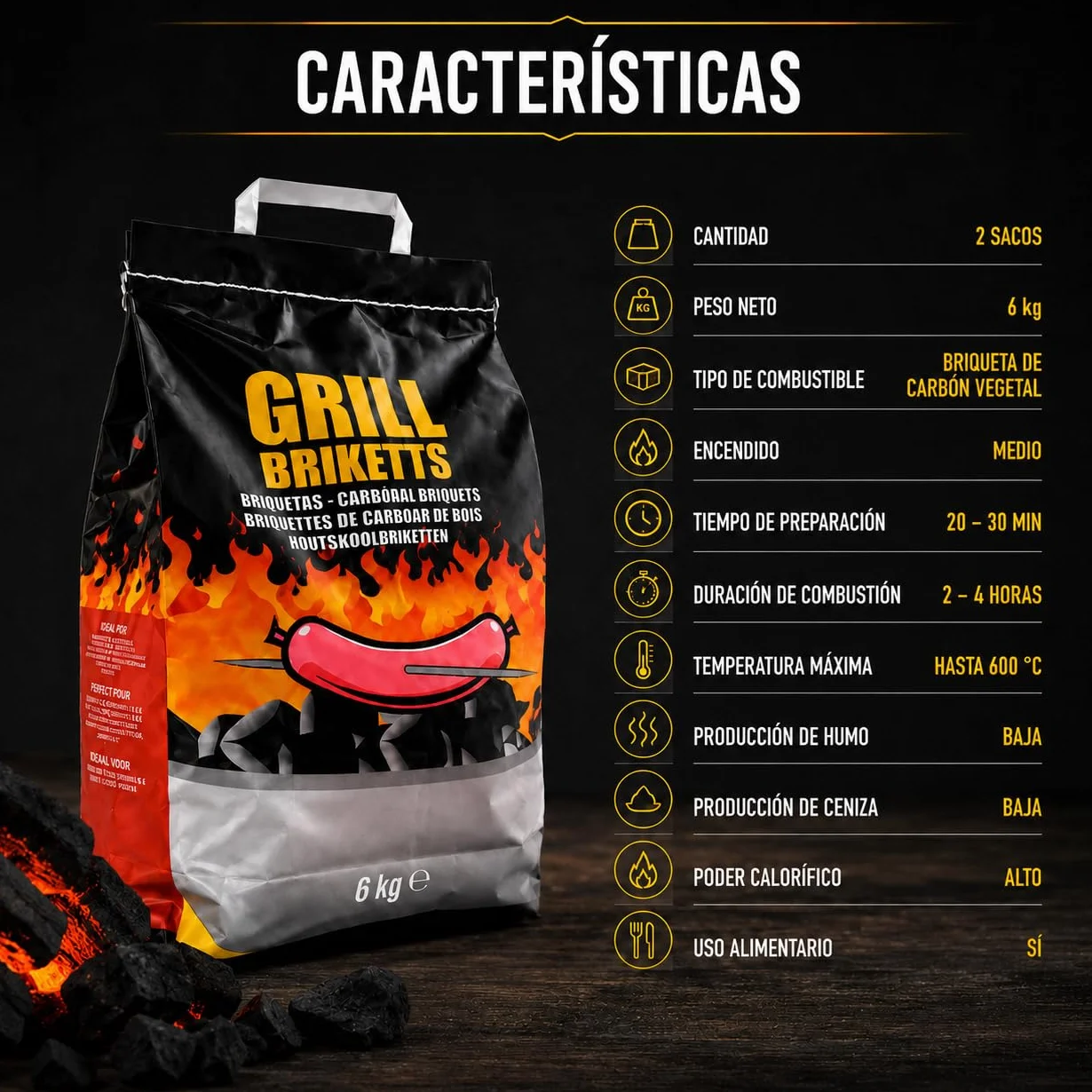 CABLEPELADO Briquetas de Carbón para Barbacoas 3kg, Encendido Rápido, Sin Aditivos, Compatibles con Todo Tipo de Parrillas, 3 Kg | Grill Briketts (2x3 kg)