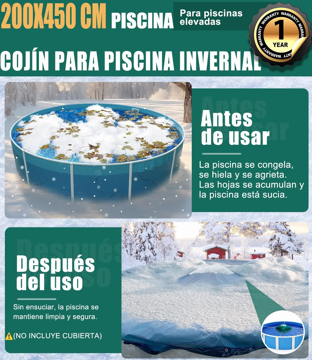 Angooni Cojín de piscina de invierno 200 x 450 cm XXL (para piscinas de 320 – 750 x 550 – 860 cm) | Cojín de aire para piscina con doble costura para cubierta de piscina | Cojín de piscina para el