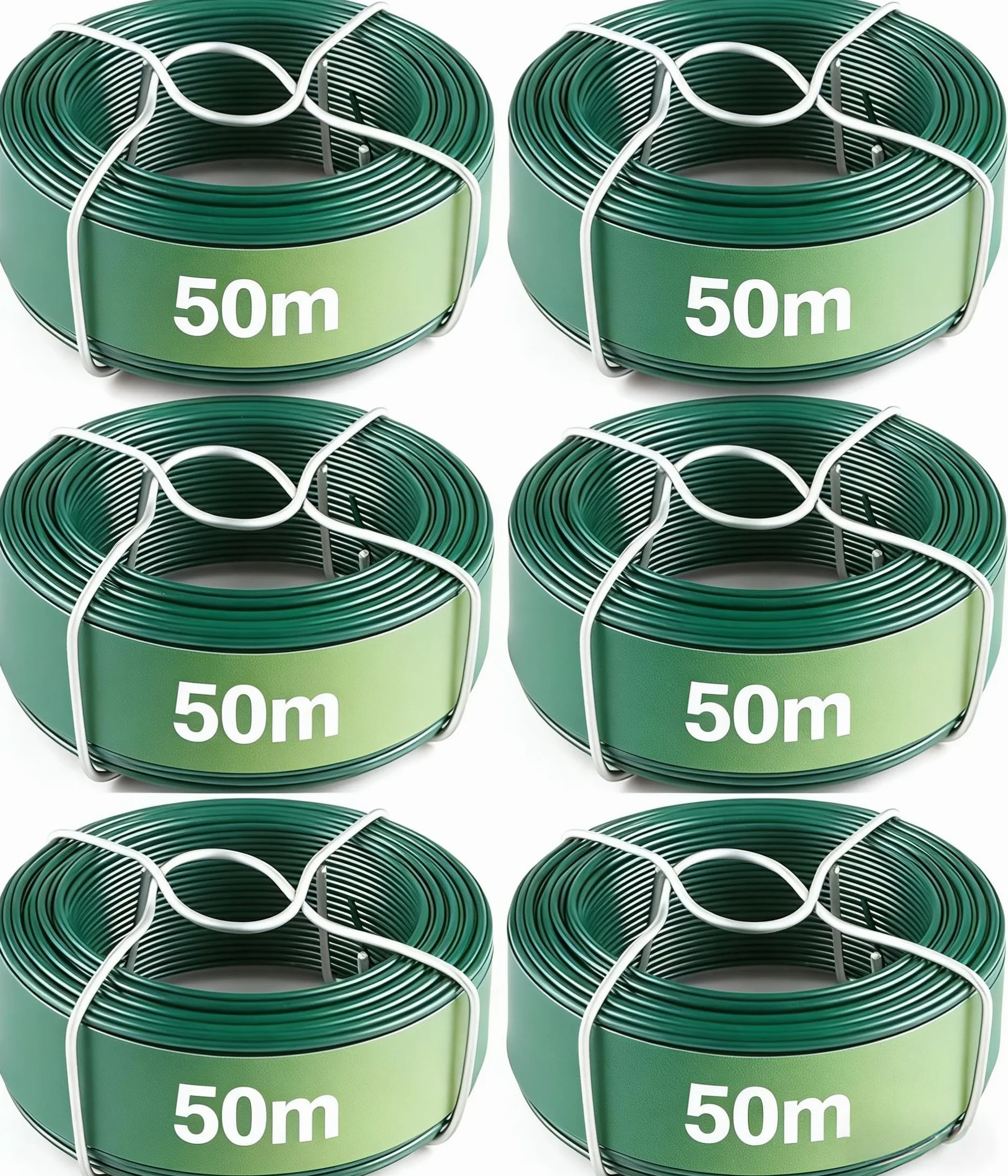 Amagabeli Alambre de Hierro Plastificado Ø0.95mm x 50m, 6 Rollos de Cable Revestido para Jardín y Cercados, Inoxidable de PVC Verde