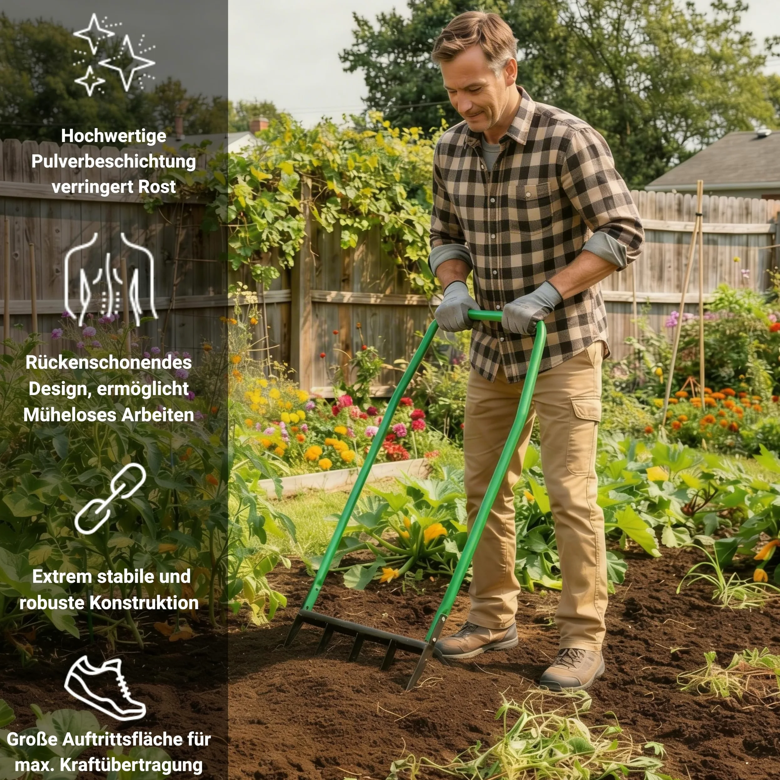 novaterra Horquilla premium con 5 púas – Horquilla ergonómica Broadfork – aflojamiento del suelo que protege la espalda y cavar eficientemente – Tenedor de jardín robusto para macizos de flores