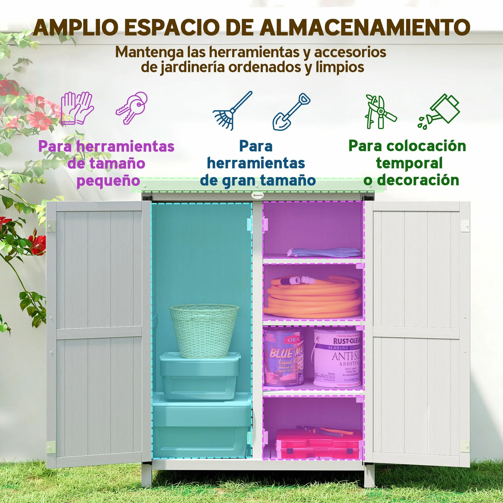 Outsunny Caseta de Jardín de Madera, 75x40x90 cm, Cobertizo Jardín Exterior, Armario para Almacenaje de Herramientas, con 4 Estantes, 2 Puertas y Techo de Acero Galvanizado, Gris