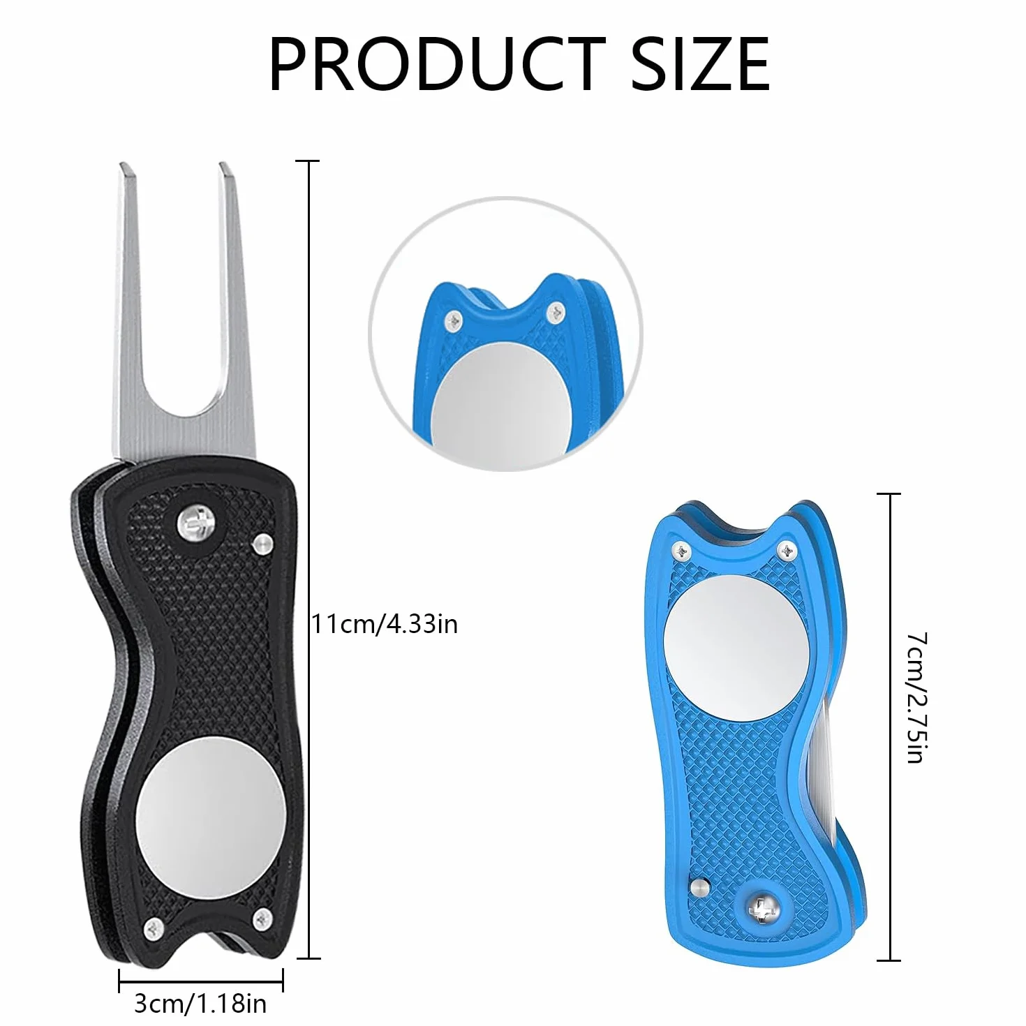 Divot Golf Herramienta Reparación 2 Piezas Plegable Metal Mini Forquilla Verde Metálica Marca Bolas Magnética