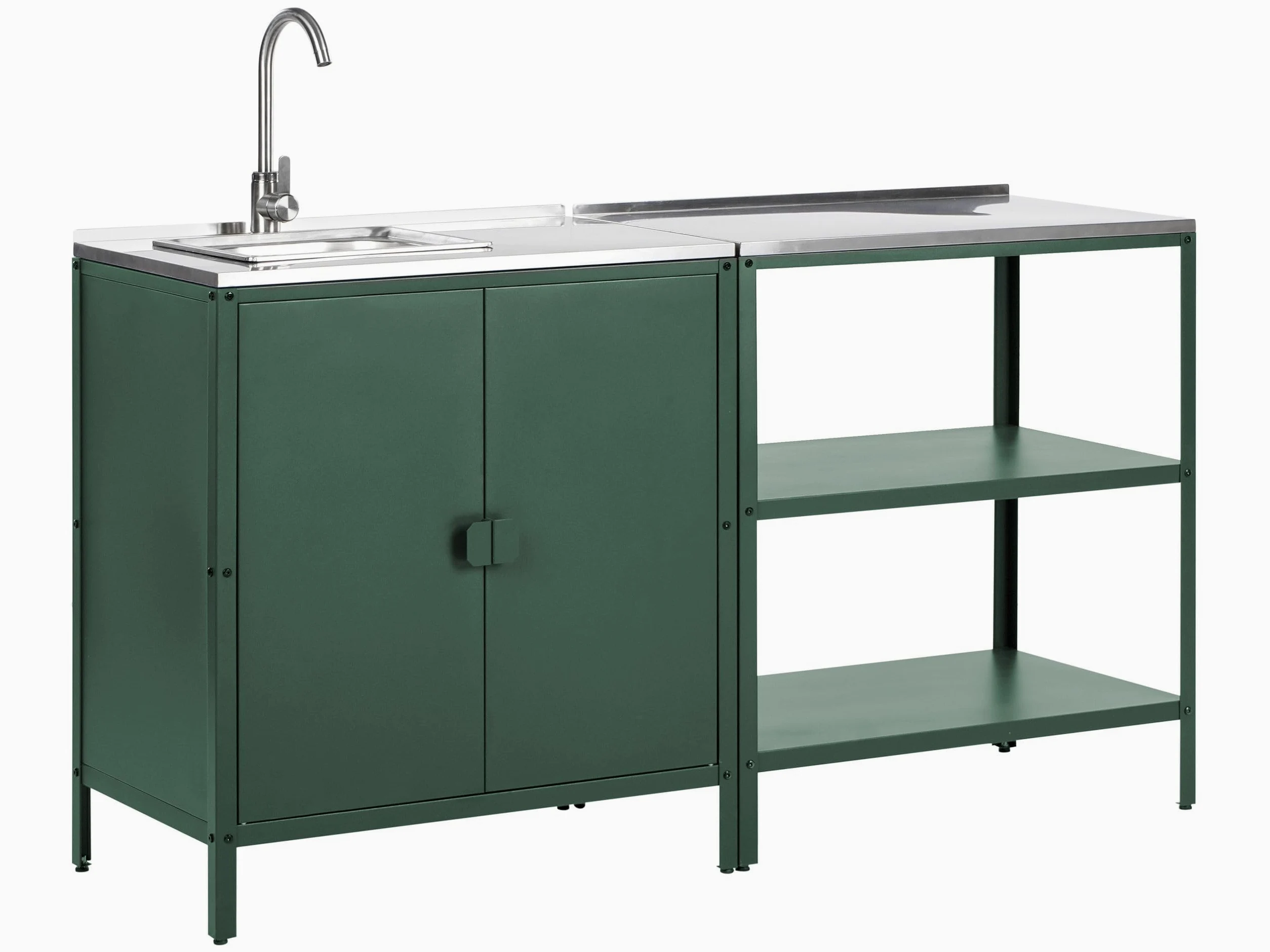Beliani Conjunto de Cocina 2 Piezas de Exterior Acero Inoxidable Isla de Cocina y Armario con Fregadero Monomando Verde Vilama