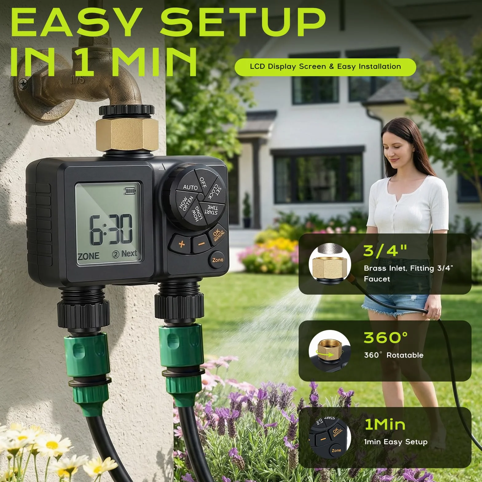 Programador de Riego 2 Salidas, 2000mAh Recargable IPX6 Impermeable Temporizador Riego con Entrada de Latón, LCD 2.8", Retardo por Lluvia, Riego Automático y Manual para Jardín, Patio, Césped