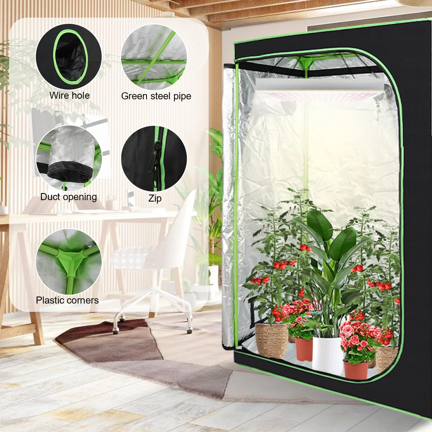 Daromigo Tienda de campaña para cultivo de plantas de color negro y verde, 120 x 60 x 180 cm, invernadero interior para plantas, carpas de cultivo con ventilación y reflectante Mylar Homegrowing
