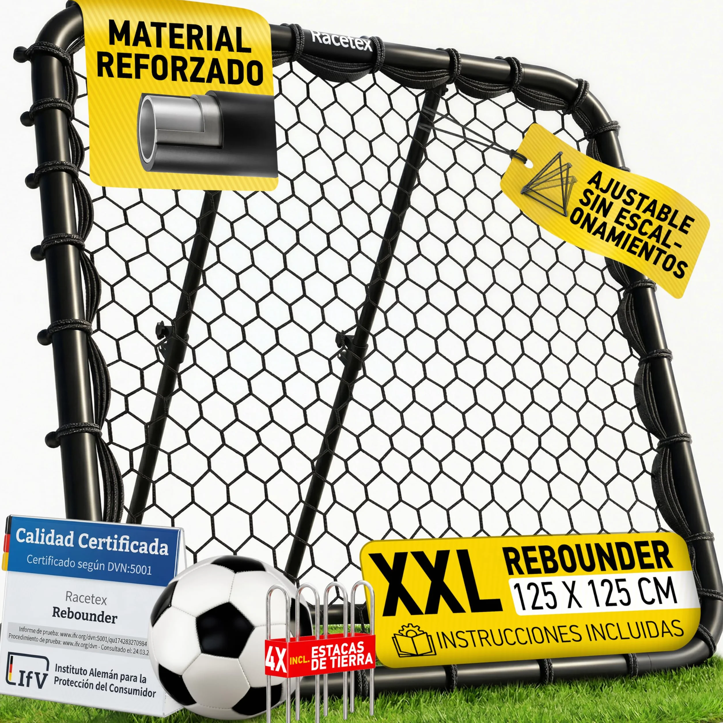Racetex Rebounder para fútbol XXL 125 cm x 125 cm con ángulo ajustable