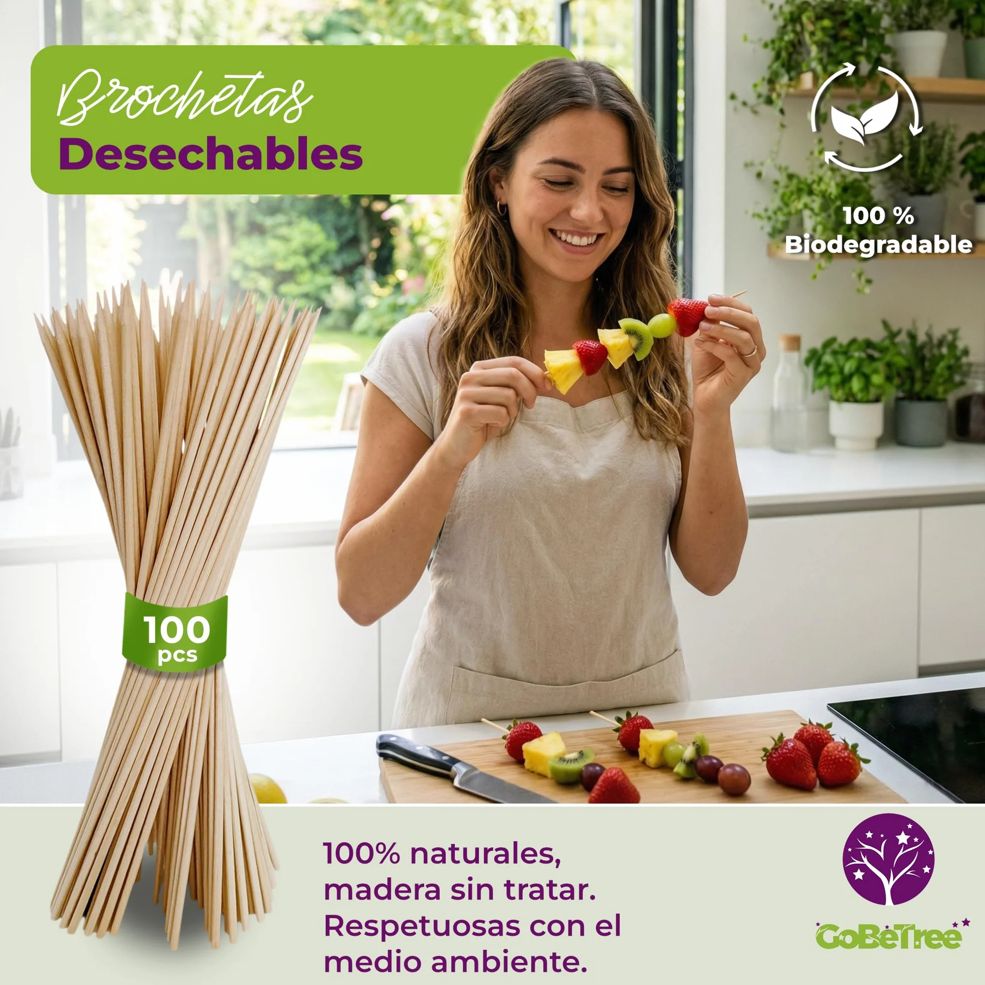 100 Pinchos de Madera de Abedul 15 cm x 2,5 mm | Palillos Extra Resistentes para Brochetas, Barbacoa, Carne y Frutas | Palos Ecológicos Multiusos para Manualidades