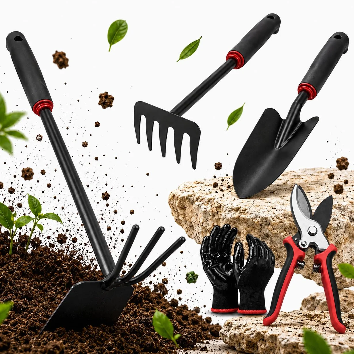 Kit 5 Herramientas de Jardinería de Metal Que Incluye Tijeras de Podar, Pala Trasplantadora, Rastrillo, Azada Doble y Guantes | Kit jardineria para Jardín, Huerto Urbano y Terraza (Rojo/Negro)