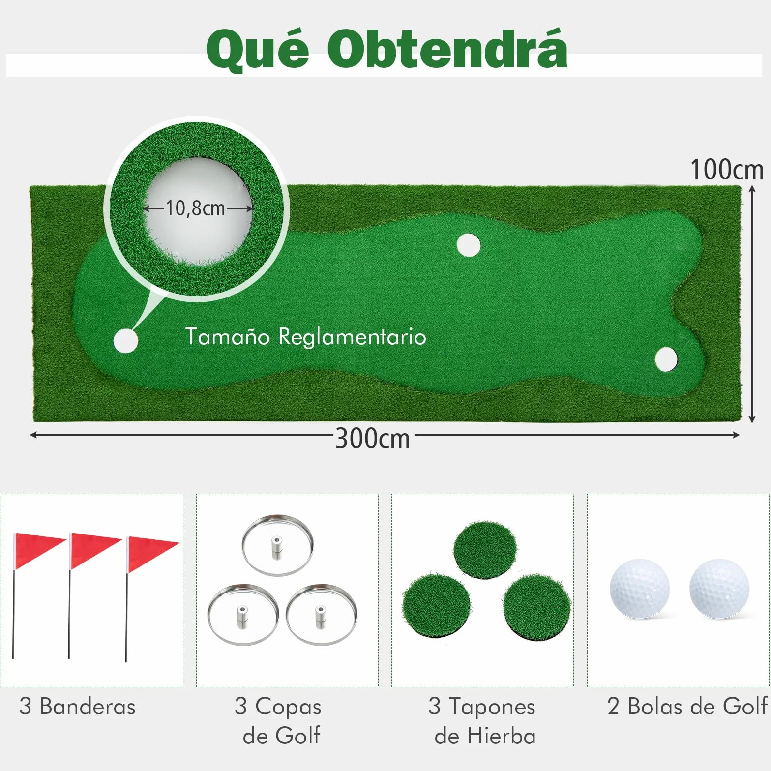 COSTWAY Alfombra de Putting de Golf 300x100 cm 3 Hoyos Banderas Tazas