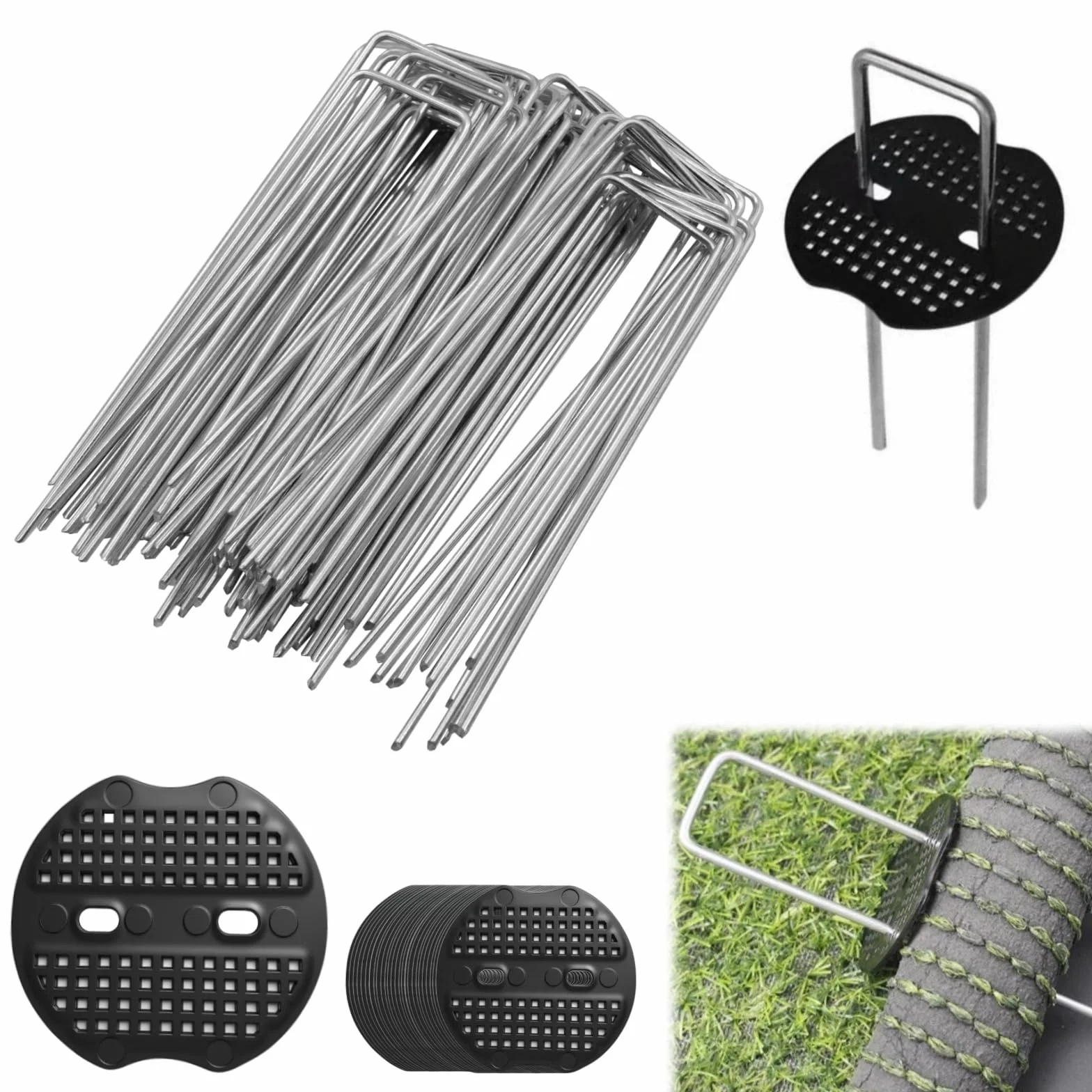 60 Piezas Grapas Césped, 150 x 40 x 2.5 mm Piquetas Cesped Galvanizados, Grapas Cesped Artificial, con 30 Arandelas, Estacas de Jardin para Fijar Vallas, Láminas Antihierbas, Acampar