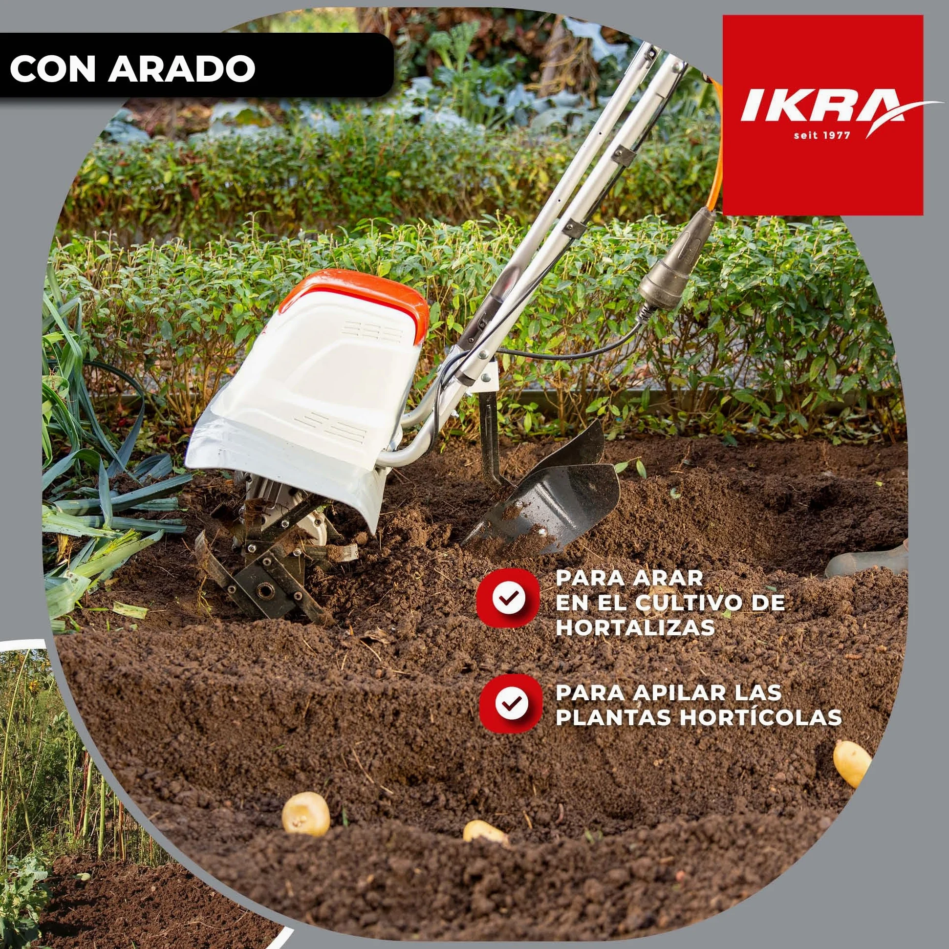 IKRA motoazada eléctrica motocultor cultivador Fem 1500, Ancho útil 17-45cm, 1500W, Incl. arado aporcador