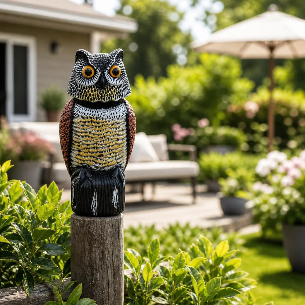 Remi Hogar Búho Espantapájaros Realista | Ahuyenta Palomas, gaviotas y Otras Aves urbanas | para Exteriores, Balcones, Jardines y Piscinas | Poliuretano | Respetuoso con el medioambiente y Fauna