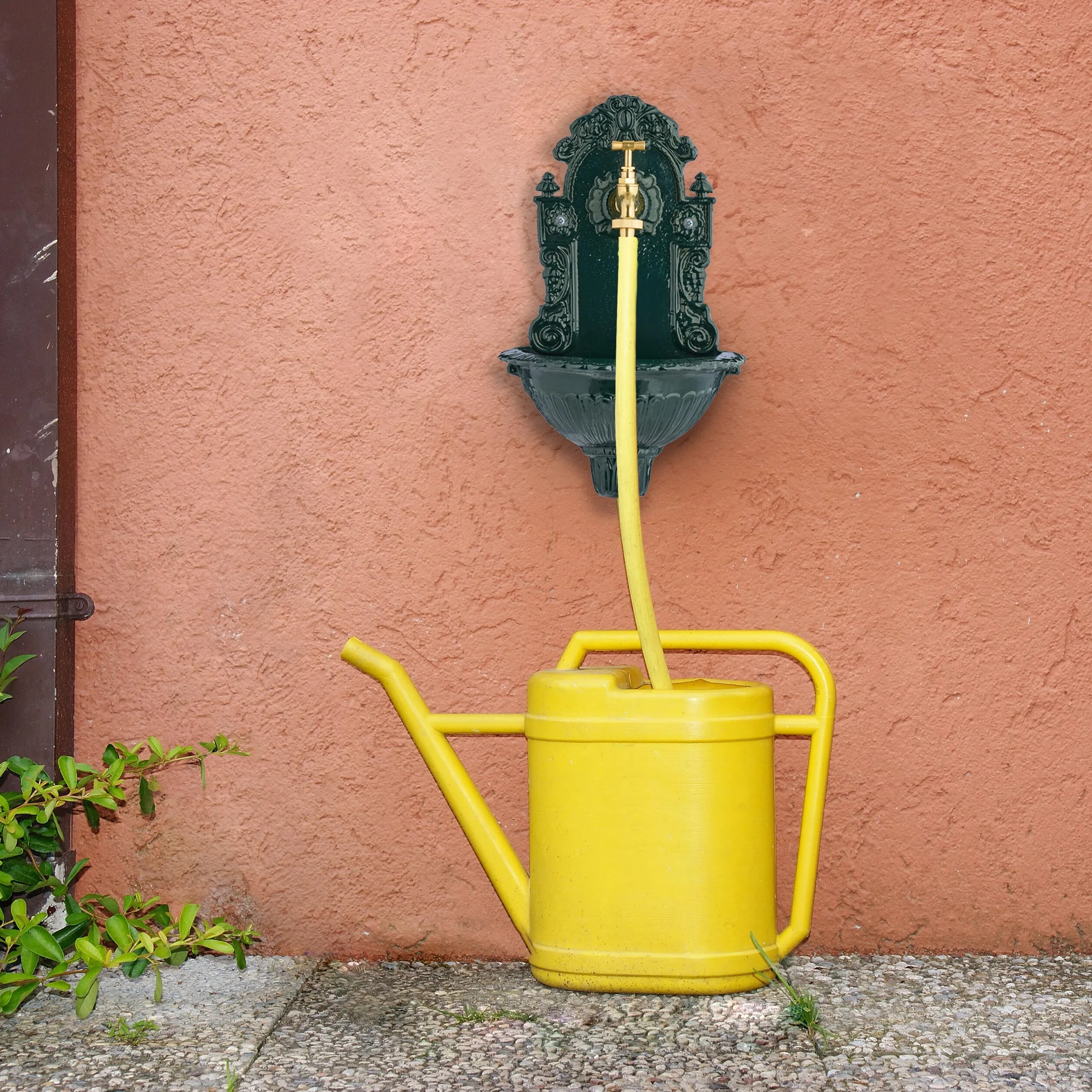 Relaxdays Fuente de Agua de Pared Aluminio Fundido 40x24,5x15 cm Verde/Dorado con Grifo Antigua