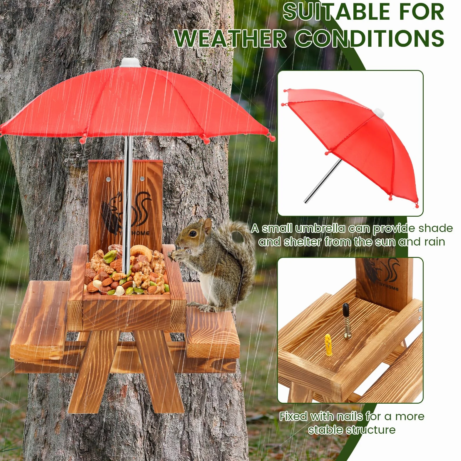 Alimentador de ardilla de madera con paraguas,Alimentador de ardilla para exteriores Mesa de picnic Divertida con estructura sólida Alimentador de ardilla con soporte para mazorcas de maíz