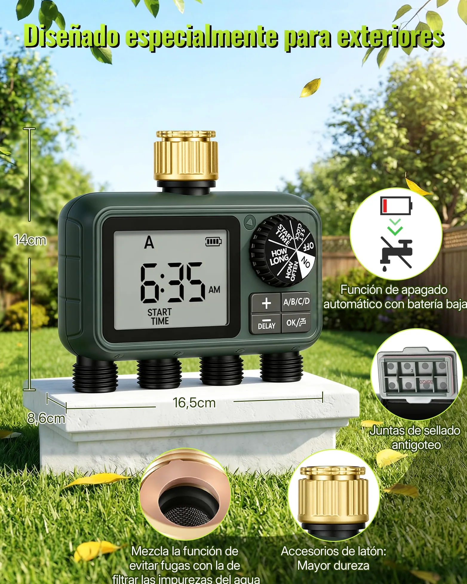 Programador de Riego de 4 Válvulas, Ordenador de Riego Automático, Temporizador para Grifo de Manguera de Jardín, Función de Retraso por Lluvia, Patio y Césped, Verde Oscuro