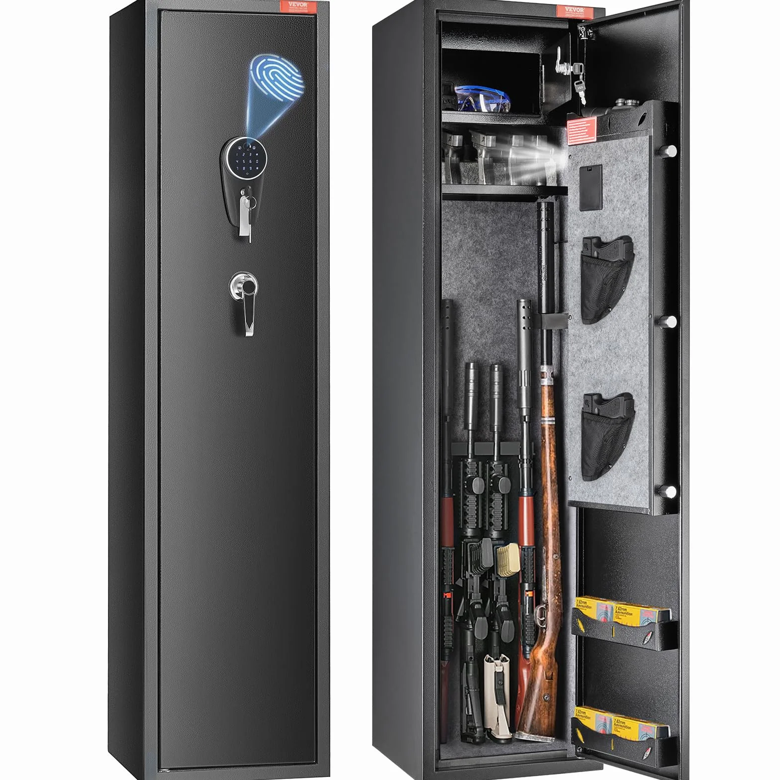 VEVOR Caja Fuerte para 5 Rifles con Huella Dactilar y Cerradura Digital, Armero con Estante Extraíble