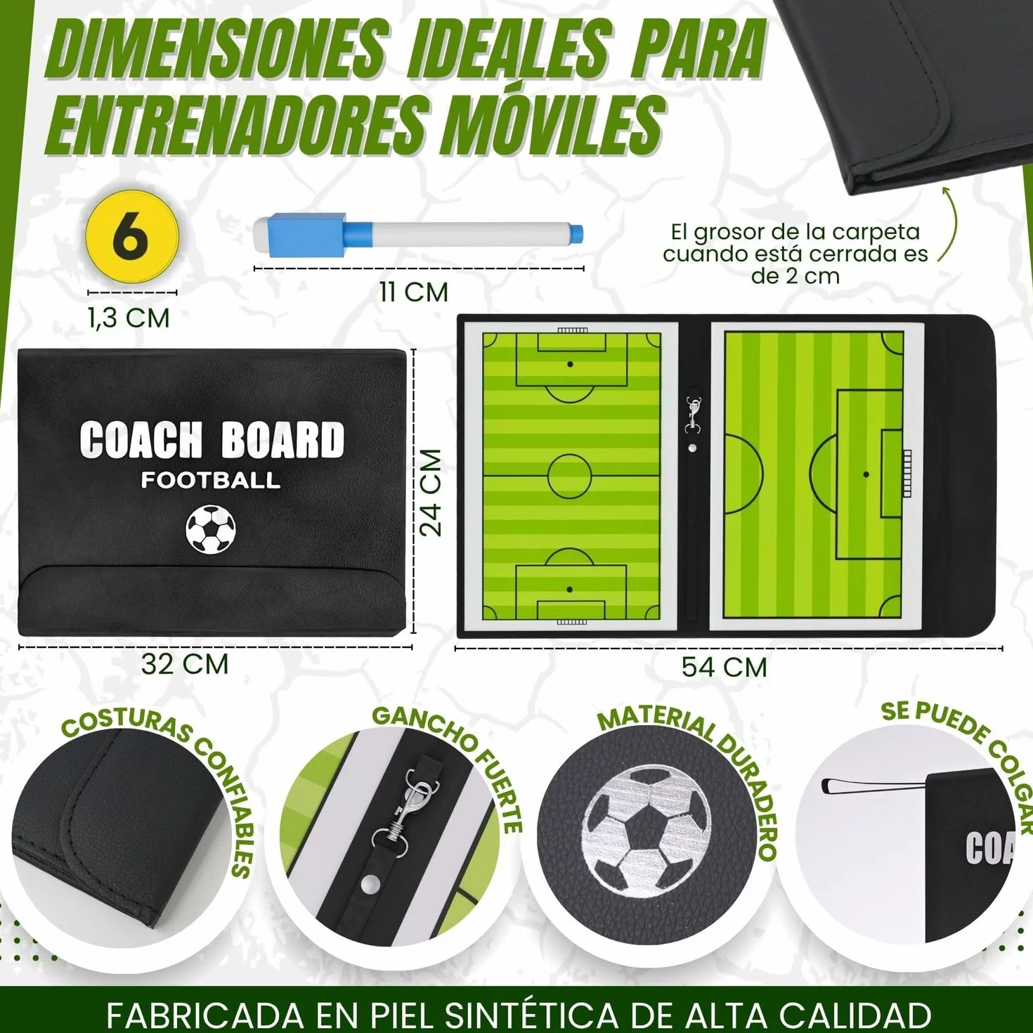 Pizarra Fútbol Entrenador 44 Fichas 3 Rotuladores Negro Azul Rojo Carpeta Entrenamiento