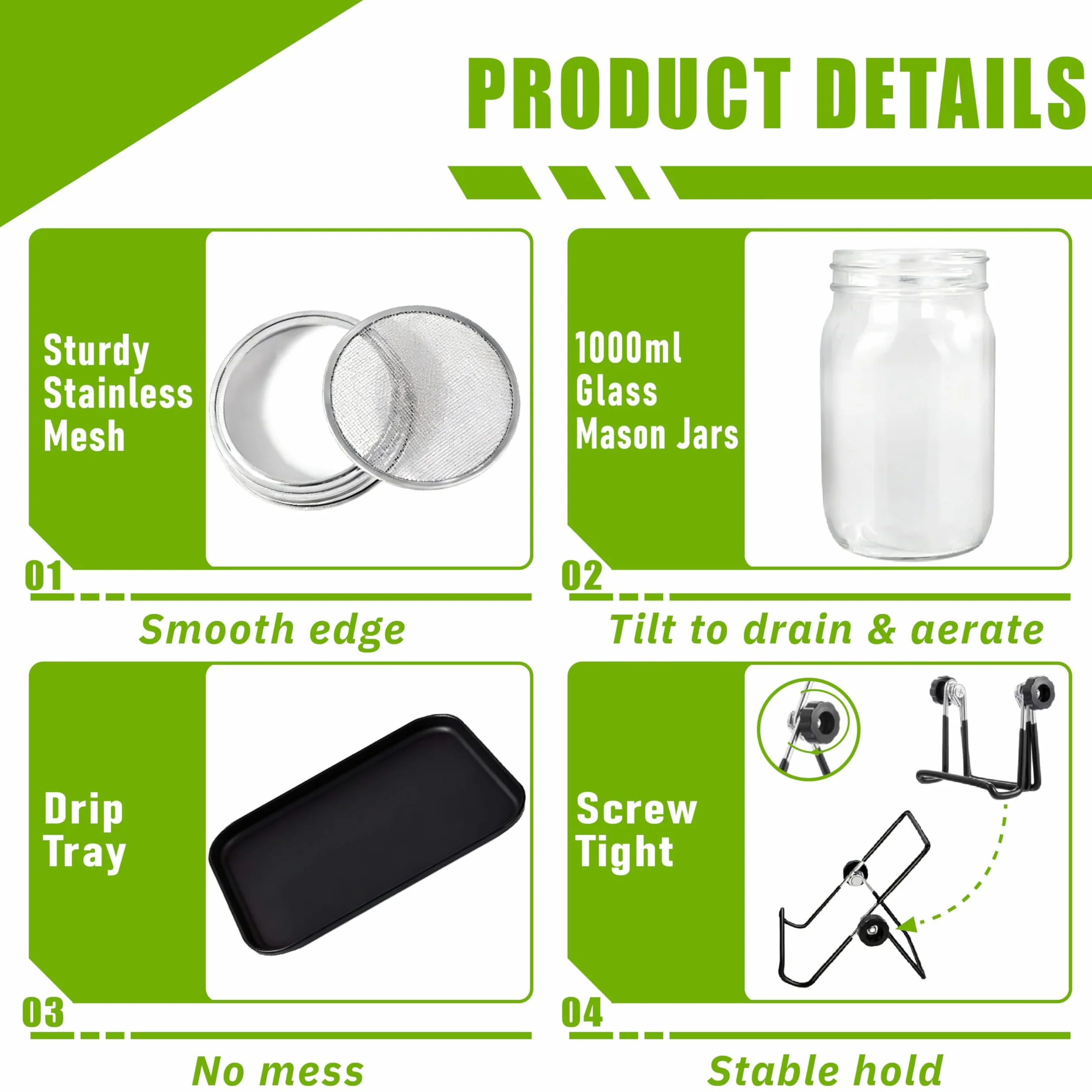 Juego de 2 vasos de brotes de 1000 ml, acero inoxidable 304, tapa coladora y cuenco, brócoli, berros y demás para extraer tú mismo, respetuoso con el medio ambiente para una germinación