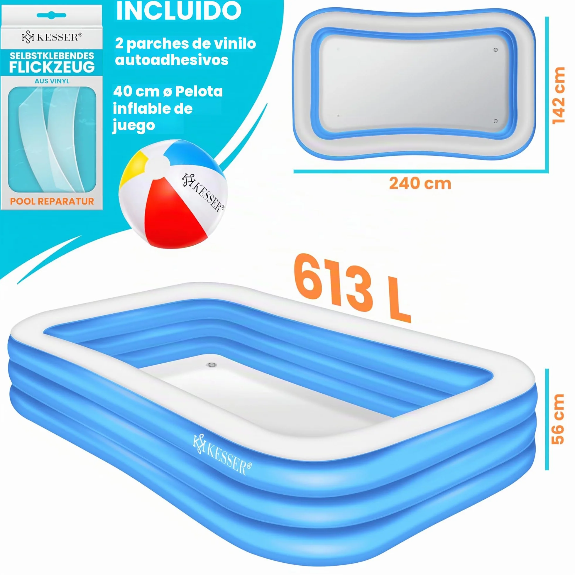KESSER® Piscina Familiar Inflable para Niños y Adultos, de Jardín y Verano, 240 x 142 x 56 cm, 613 Litros, con Agujeros de Drenaje