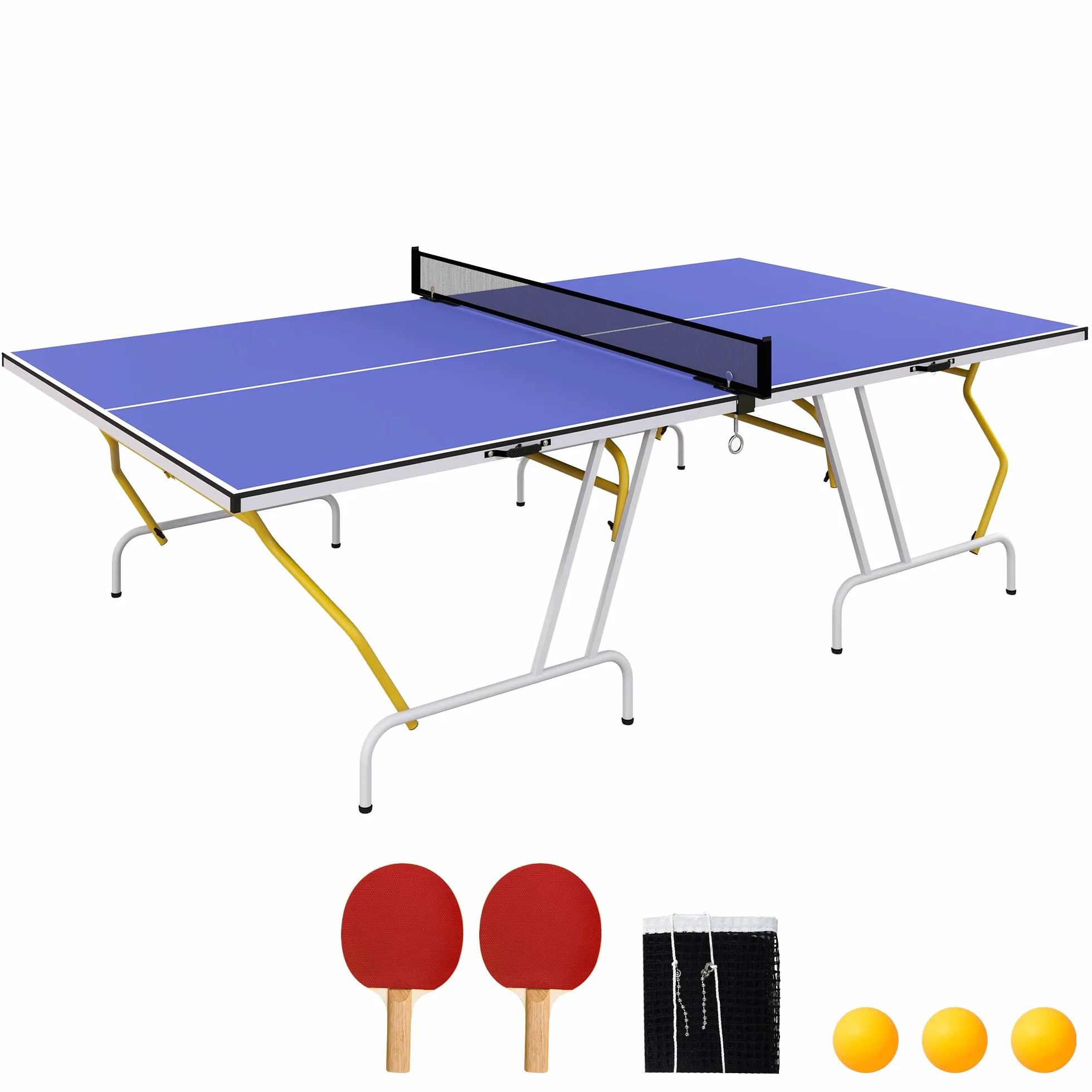 SPORTNOW Mesa de Ping-Pong Plegable con Red, Reposapiés Ajustables y Marco de Acero, 274x152,5x76 cm Azul