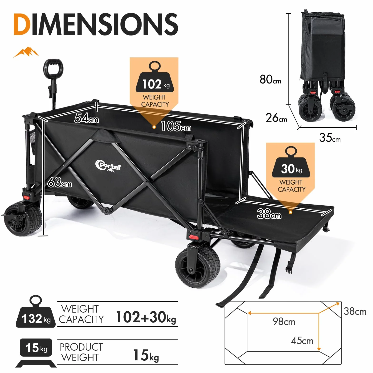 PORTAL Carro de Playa Camping Plegable con Frenos – Ruedas Anchas Todo Terreno, 300L Gran Capacidad, Puerta Trasera Ajustable, Alta Resistencia para Festival, Jardín, Compras