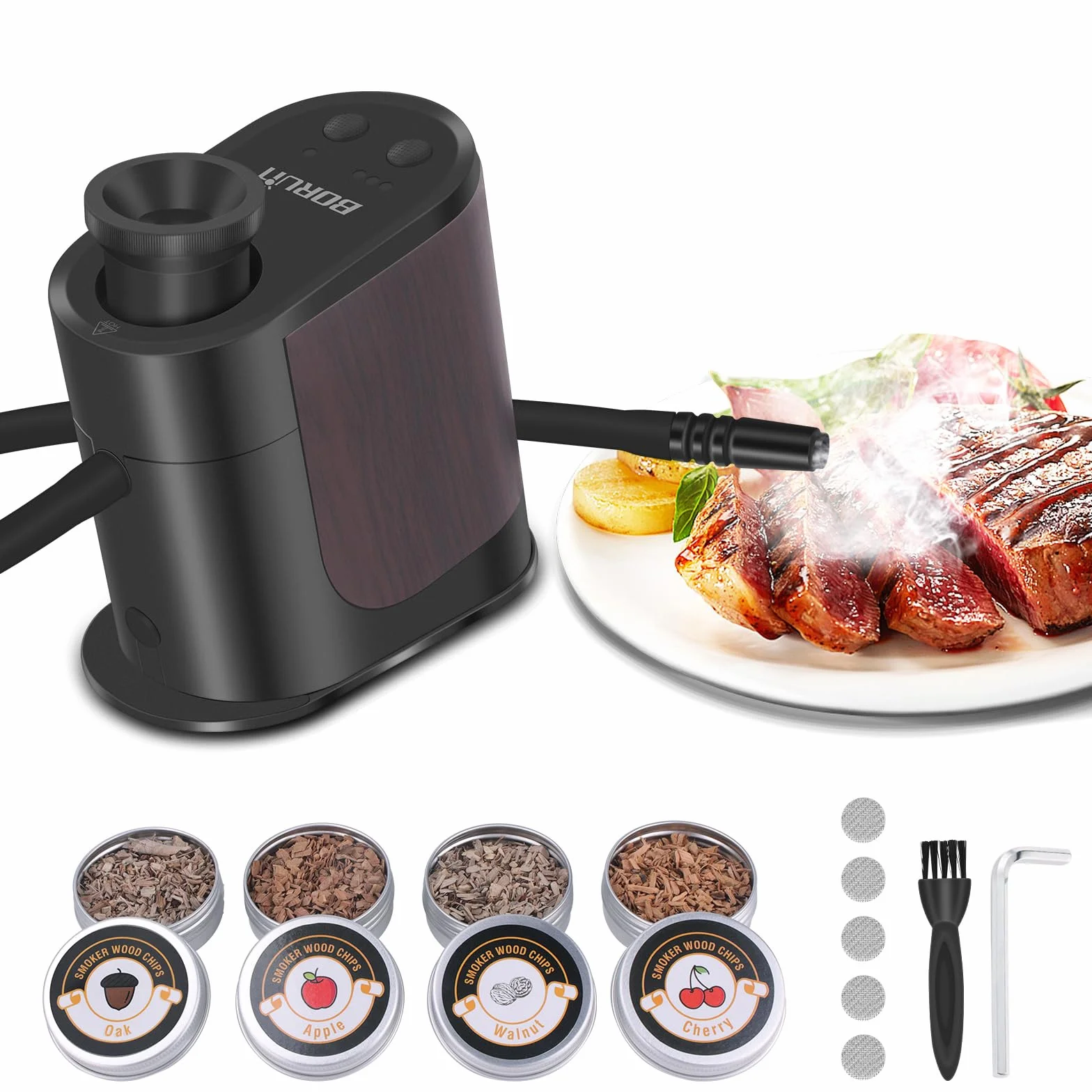 BORUiT BQ500 Pistola para Fumar, Fumador de Comida, con 4 Paquetes de Virutas de Madera, Pistola de Humo de Aleación de Aluminio para Cocina, Carne, Salmón, Cócteles, Queso, Barbacoa