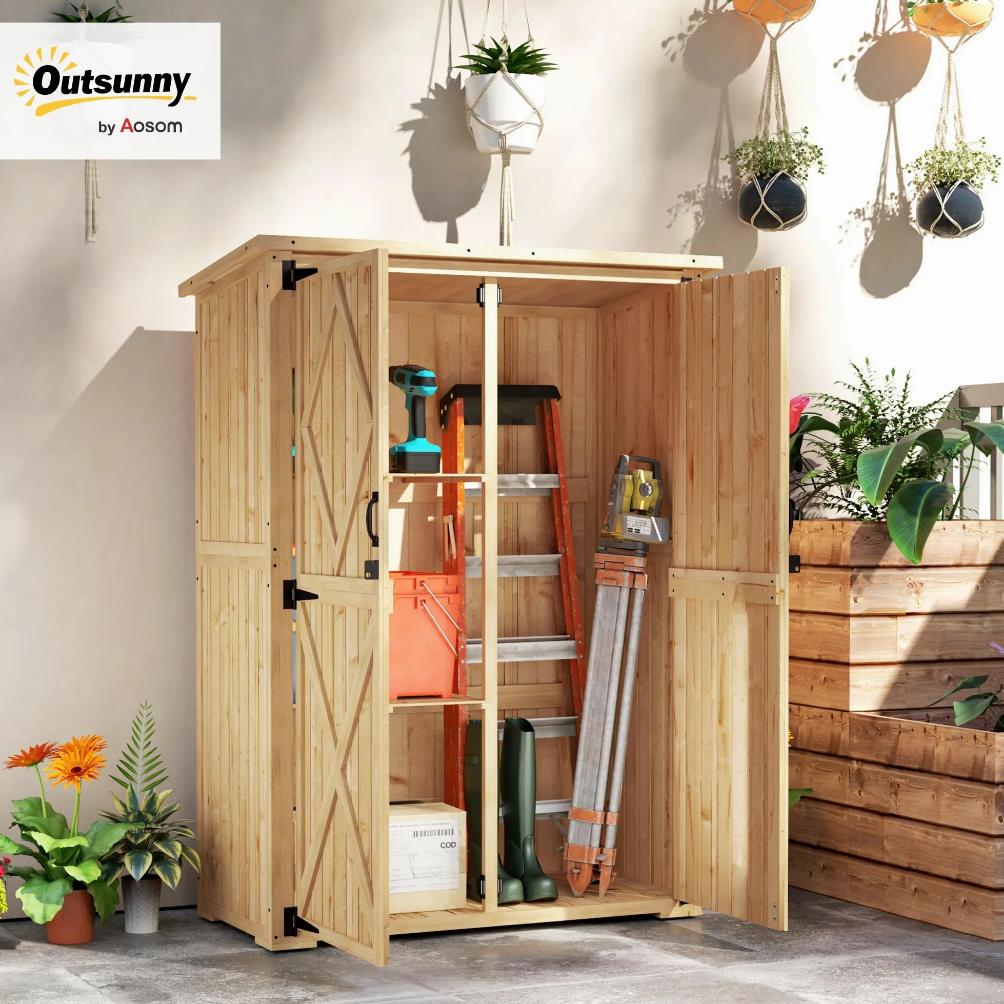 Outsunny Cobertizo jardín madera con armario y techo asfalto Natural | 2 estantes, para equipo de jardín, cobertizo de herramientas exterior, puertas dobles