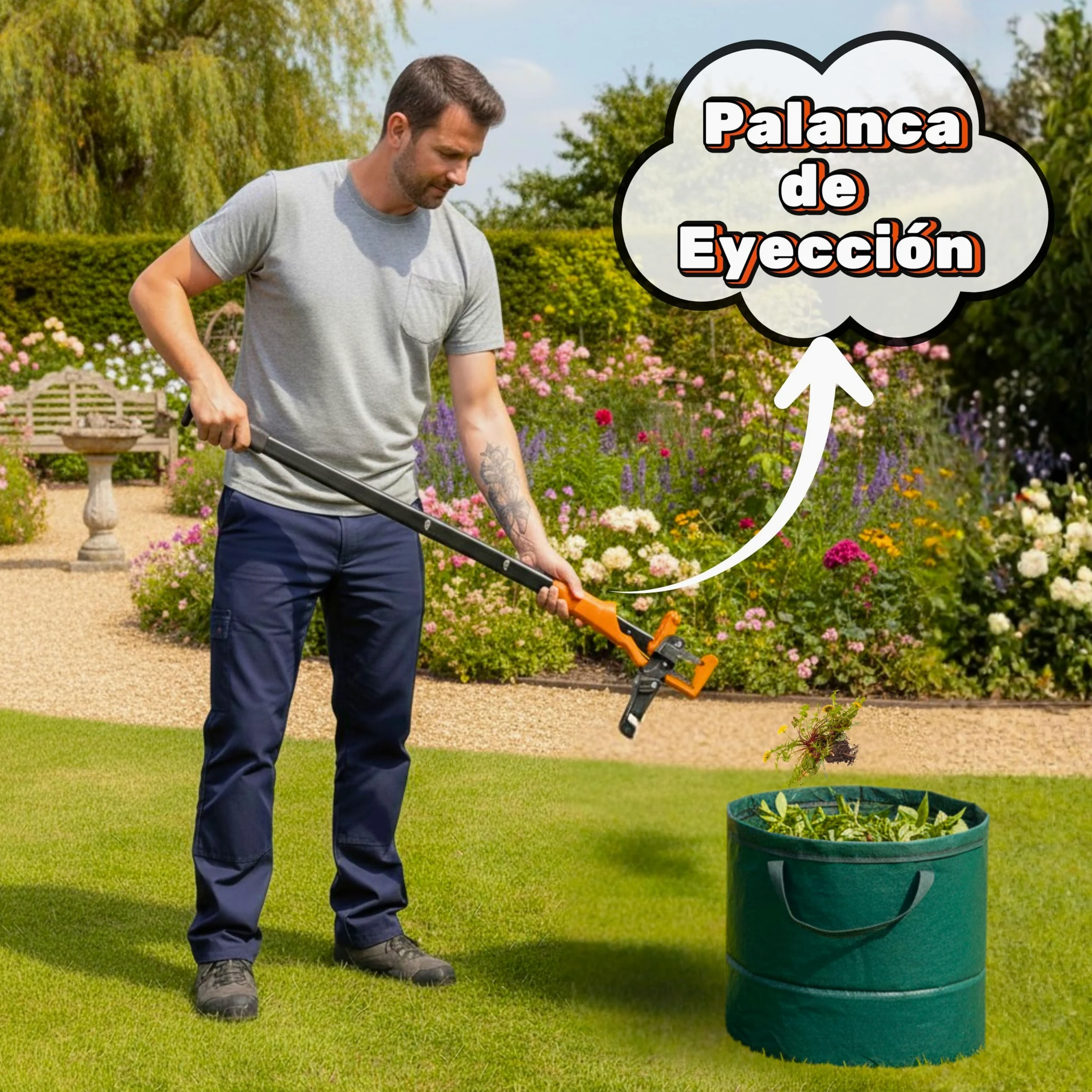 Extractor Malas Hierbas con 4 Puntas de Acero Ultrarresistente y Eyector de Plantas | Herramienta para Quitar Malas Hierbas Jardin Sin Agacharte Y Sin Esfuerzo. Deshierbador Manual Largo 100 Cm