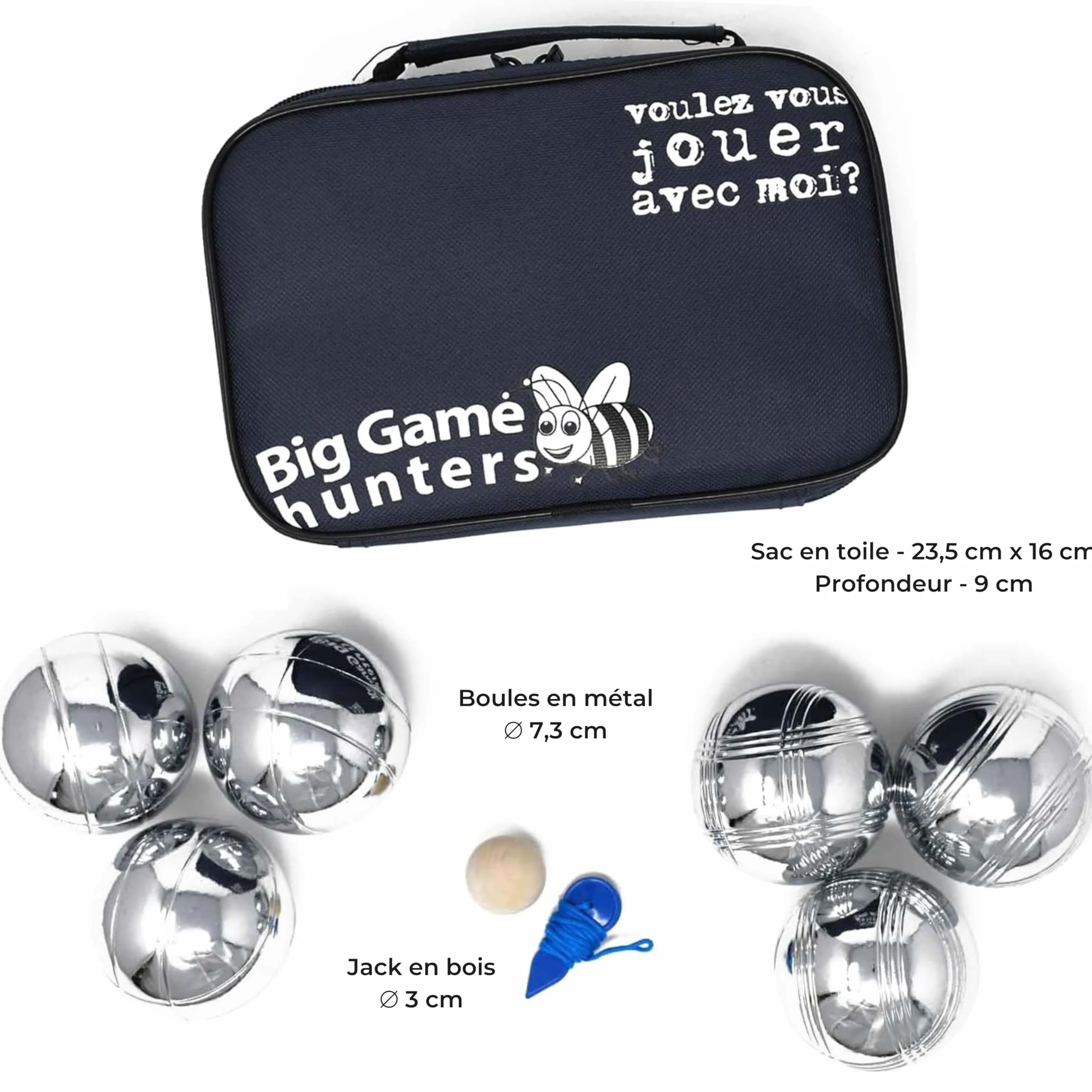 Big Game Hunters Juego de 6 Bolas de Petanca en Bolsa de Lona, Bolas de Metal con 2 Diseños Grabados