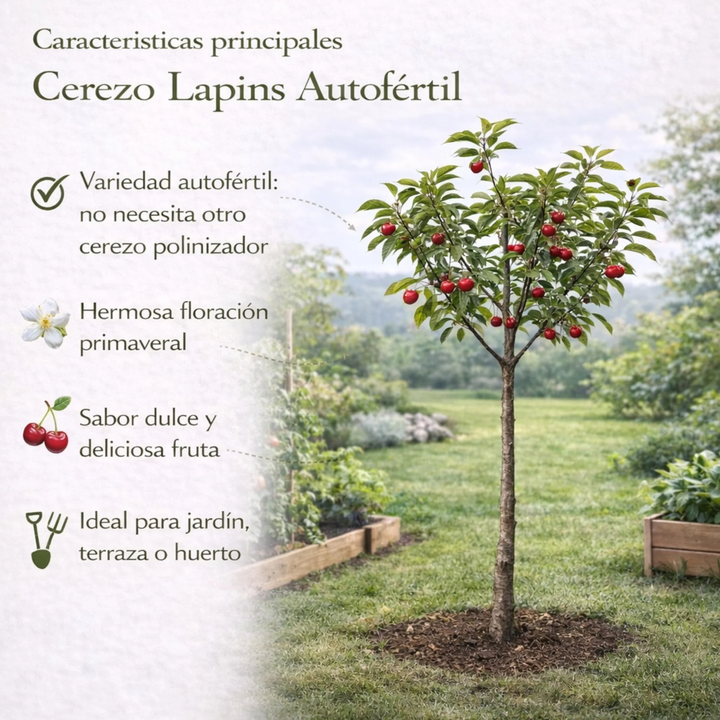 Cerezo Lapins Autofértil en Maceta, 140 cm de altura, Árbol Frutal Exterior con Cerezas Dulces Planta Natural para Jardín Terraza Huerto Floración Primavera Fácil Cultivo. Cerezo