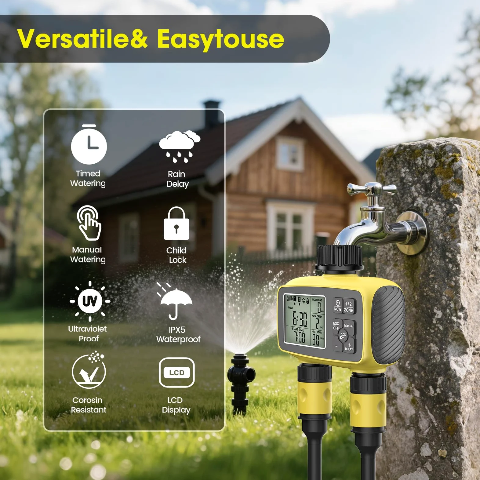 Temporizador de Riego para Jardín/Césped - Dos Salidas de Riego y Manual | Temporizador Riego Automatico con Impermeable IP66, Retraso por Lluvia, Riego Manual, Programador de Riego para Jardín
