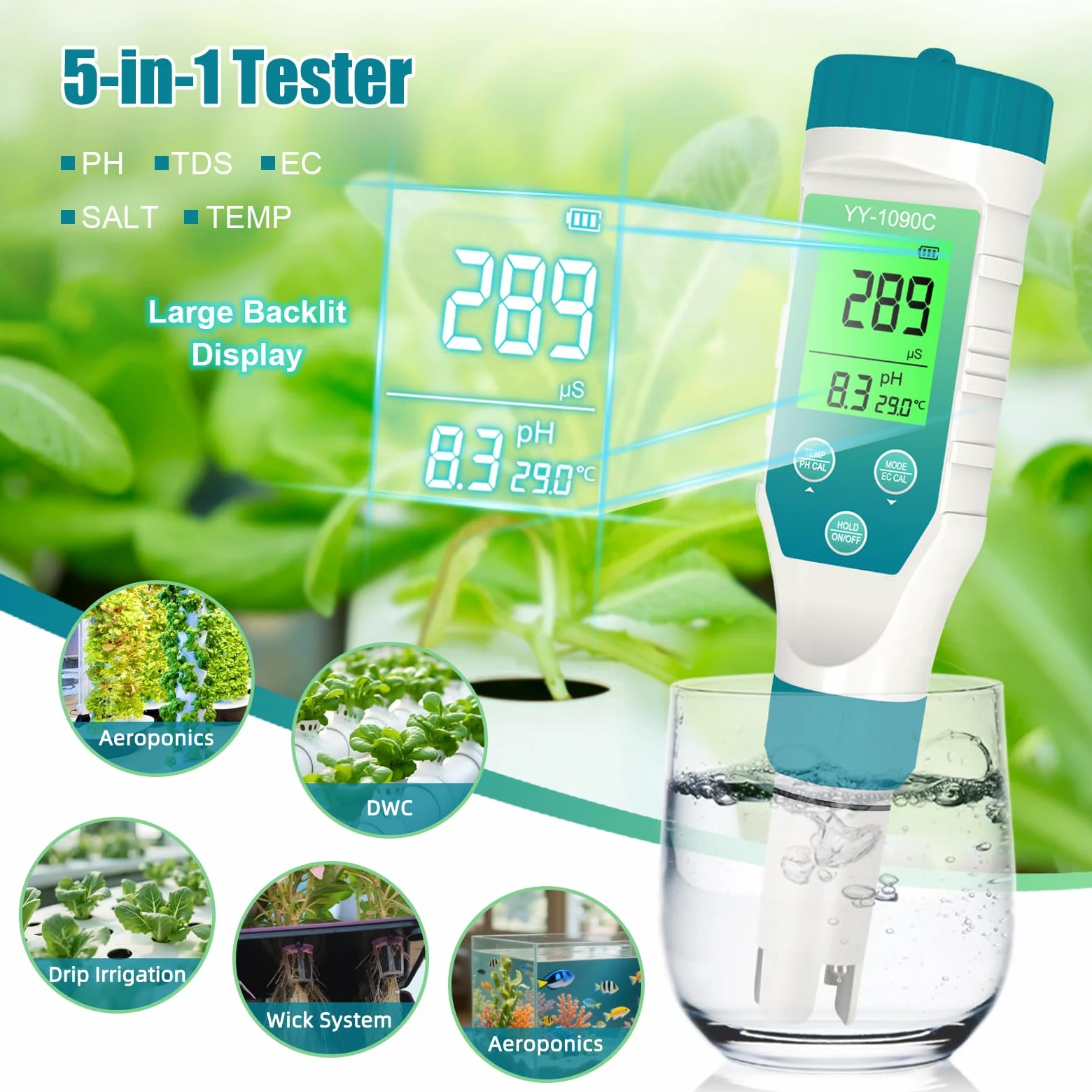 Medidor de pH para hidroponía y medidor de sal de spa - Medidor de pH, salinidad, TDS, EC y temperatura 5 en 1 con calibración de 12,88 mS/cm - Monitor de calidad del agua de piscina de agua salada