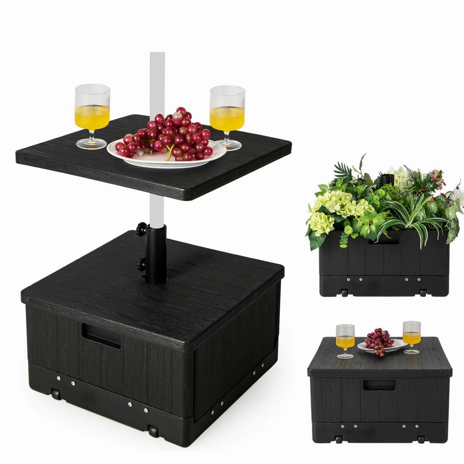 RELAX4LIFE 3 en 1 Soporte para Sombrilla Rellenable con Ruedas y Mesa Auxiliar, Base Sombrilla HDPE con Asas y Bolsa de Peso para Postes de Sombrilla 38/48 mm para Terraza/Piscina/Jardín (Negro)