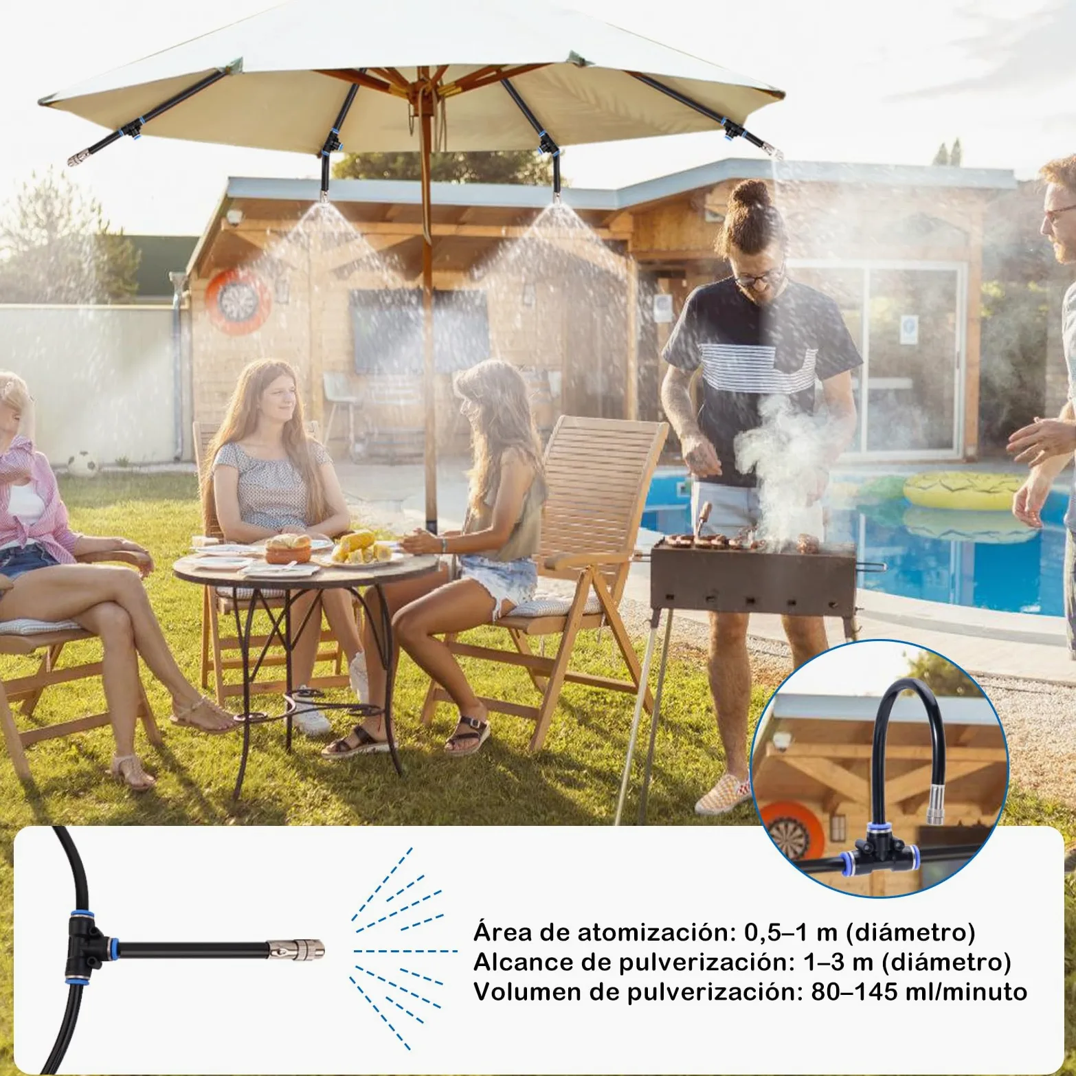 Kit Nebulizador Terraza, Nebulizador Jardin con 8mm Boquilla Ajustable +10M Línea +3/4" Adaptador, Sistema de Enfriamiento por Nebulización para Eventos al Aire Libre, Sombrillas y Techos
