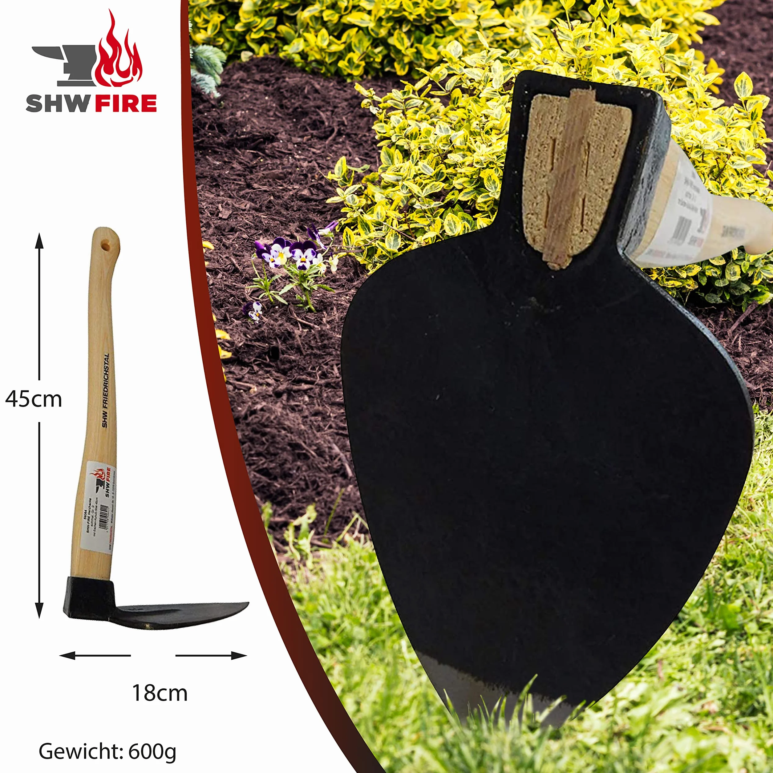 Azada de acero forjado, mango corto de madera de fresno de 45 cm, ideal para jardinería SHW-FIRE