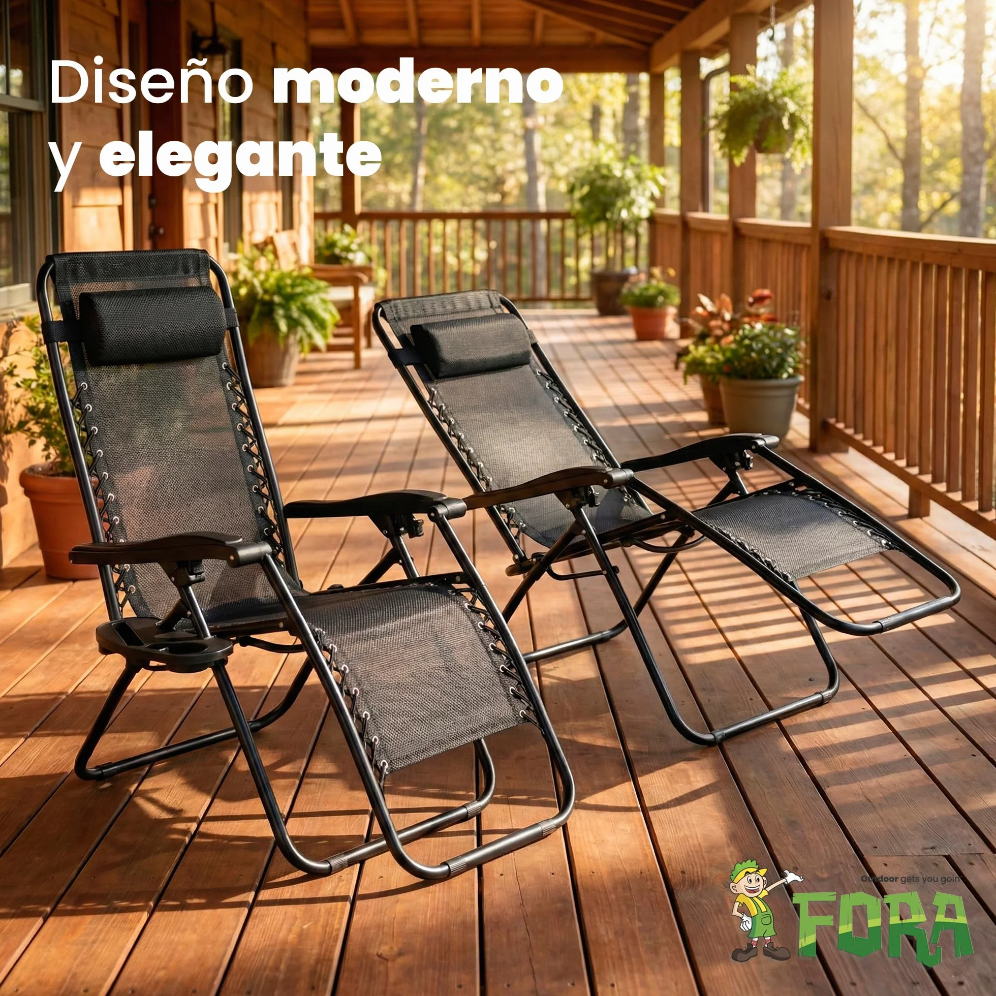 FORA Pack 2 Tumbonas Jardín Exterior Plegables – 176×67×110 Cm, Tubo 25mm y Tejido Transpirable, Color Negro, Reclinables con Bloqueo de Seguridad, Cojín Incluido, Plegado Rápido, 120Kg