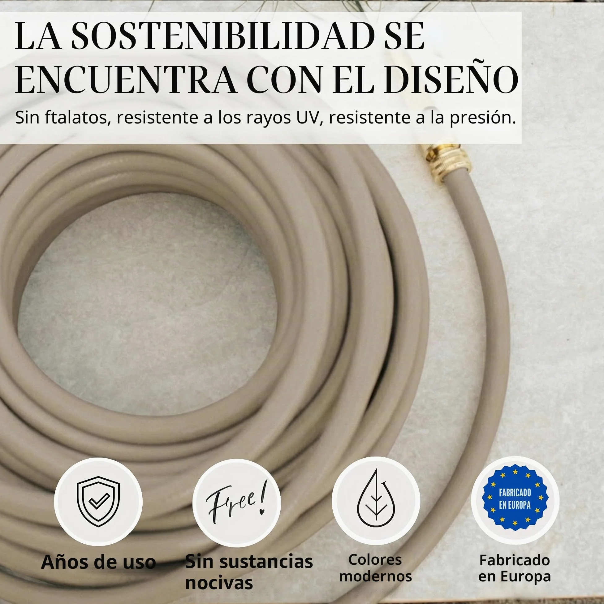 LIVLIG Manguera Jardin 10m – Manguera de Riego Flexible, 60% Reciclado, Resistente UV, Antitorcion, 1/2 Pulgada, Beige