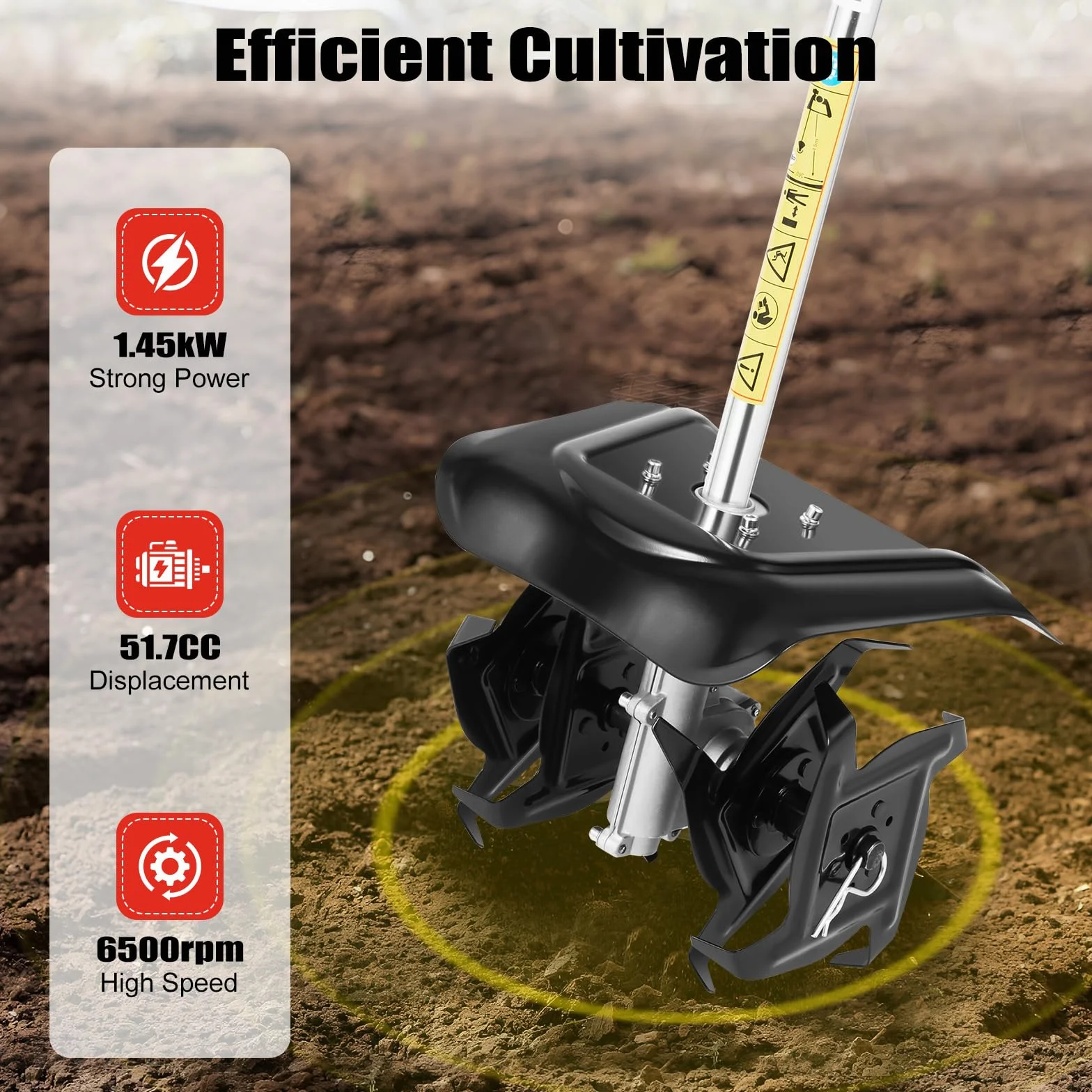 Rototiller a gas de 51.7 CC, cultivador de mano pequeño de un solo cilindro de 2 tiempos, 6500 RPM refrigerado por aire con tanque de combustible de 1.1 L para deshierbe de suelo suelto de