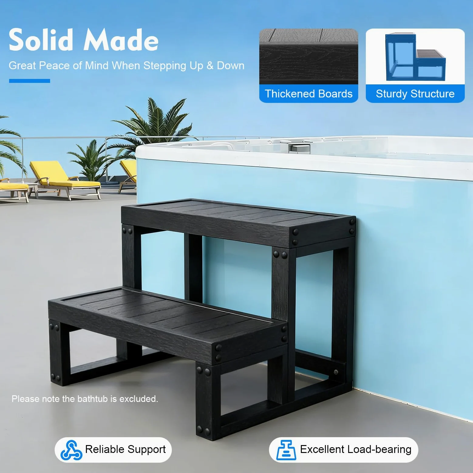 Escalera de 2 peldaños para bañera de hidromasaje, escalón de bañera, escalera antideslizante para piscina, grosor del tablón 15 mm, altura del escalón 21,2 cm, para jacuzzi, piscina y terraza, 60 x
