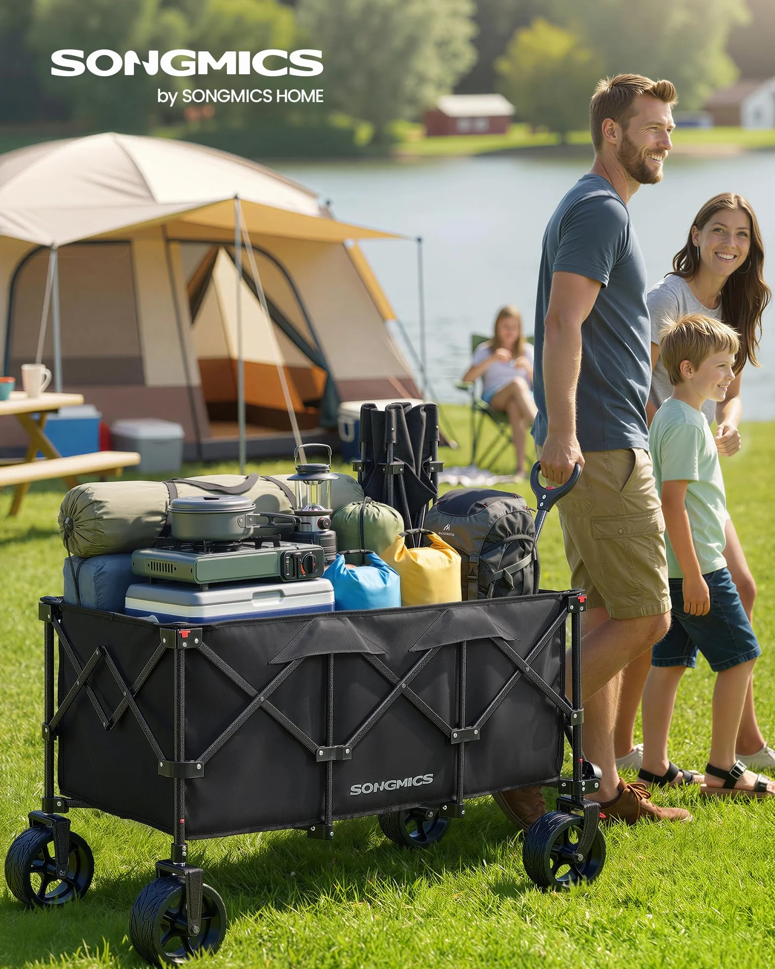 SONGMICS Carro de Mano Plegable con Asa, 4 Ruedas Desmontables, Carro de Jardín para Exterior, Playa, Camping, Carga de 150 kg, 200 L, Negro Tinta GFW200B01