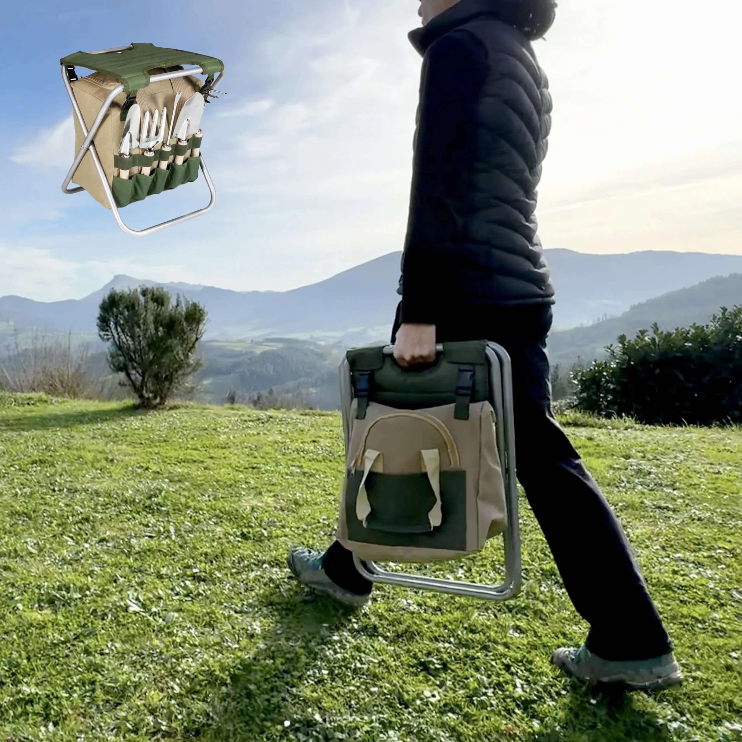 BIKAIN - Herramientas de Jardinería - Taburete Plegable + Bolsa + Herramientas - Kit de Jardinería - Bolsa de Almacemiento con Cremallera - Incluye 5 Herramientas con Mango de Madera