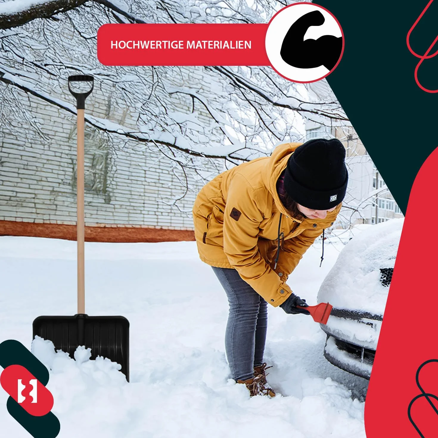 KOTARBAU® Juego de pala de nieve para coche de 40 cm con mango de madera de 131 cm + raspador de hielo para coche, para quitar la nieve, rascador de parabrisas de coche, con borde de goma
