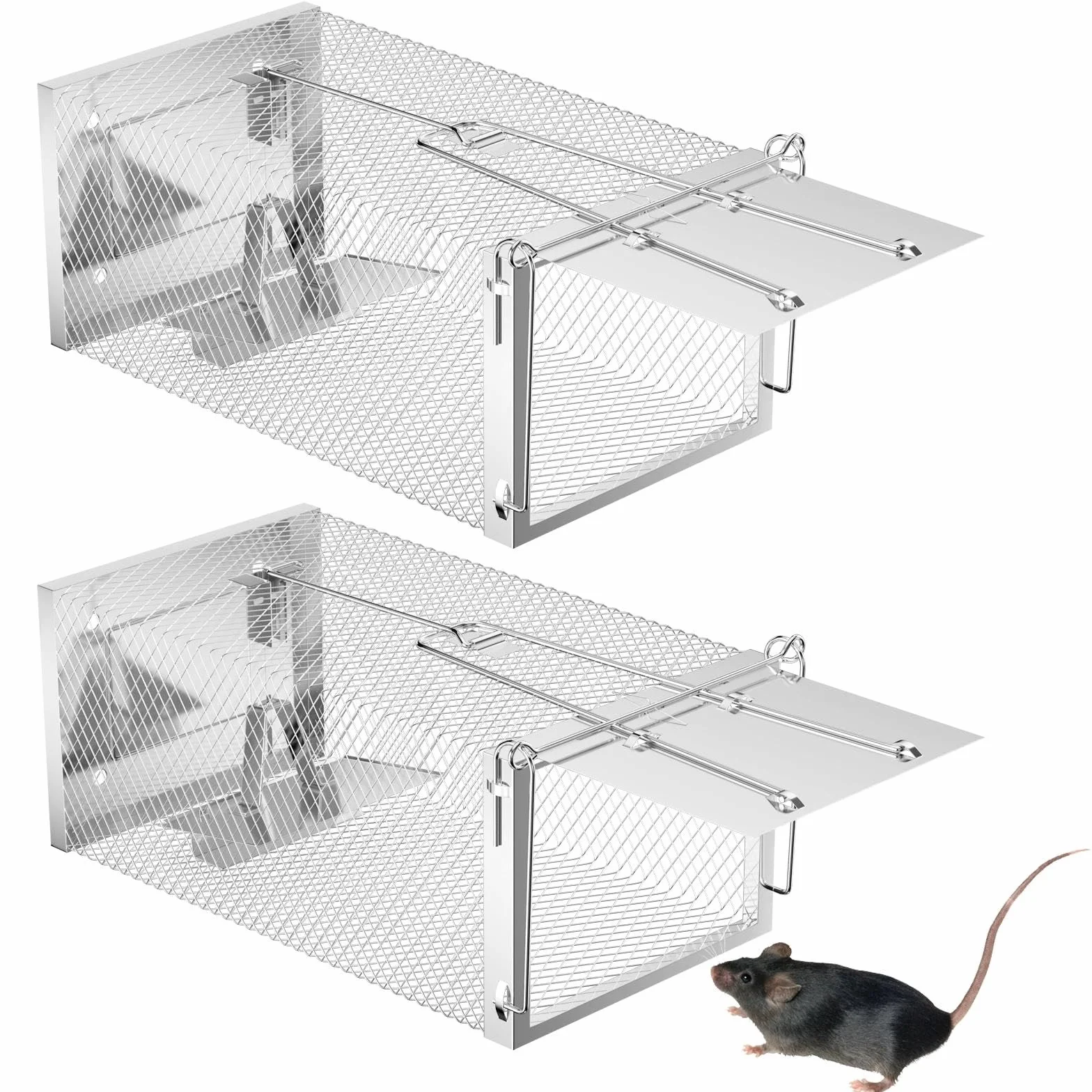 2 Pieza Trampa Ratones, Trampas Ratas con Orificio, Trampas Vivas Reutilizables, Jaula de Trampa de Metal, Sin Mecanismo de Liberación Táctil para Cocina Jardín Hogar Ático(26.5x15cm)