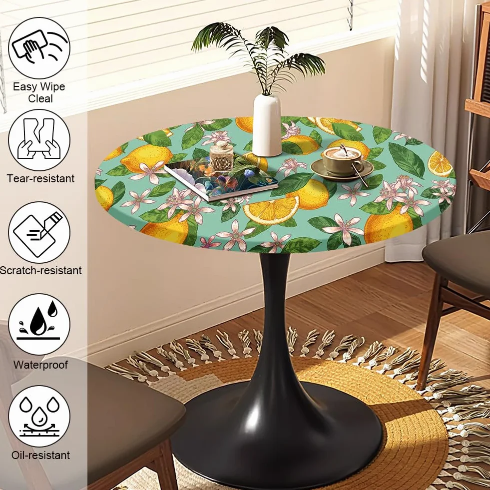 Yuragim Mantel redondo para exteriores con goma elástica, 90 cm, redondo, lavable, para exteriores, resistente a la intemperie, mantel elástico para jardín con estampado de limón, apto para mesas de