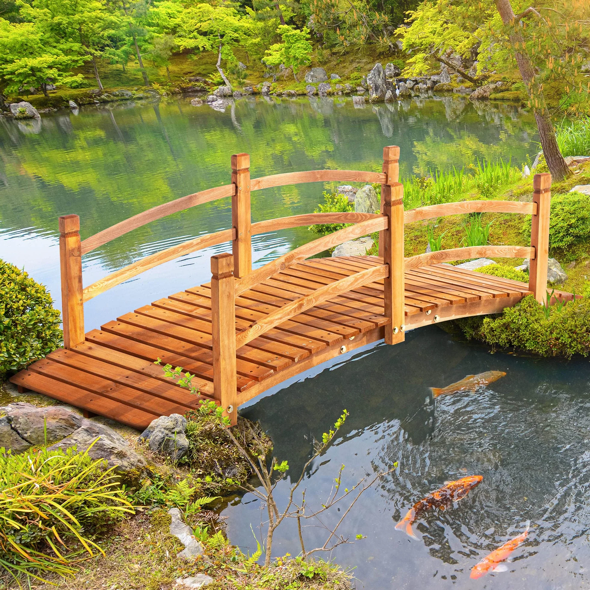 Outsunny Puente de Arco de Madera 185x72x58 cm con Pasamanos Puente de Jardín para Decoración Patio Carga 200 kg Natural