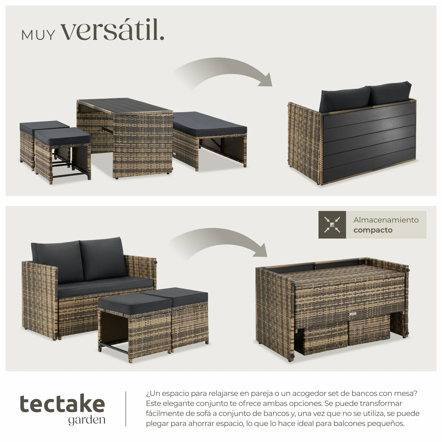 tectake® Conjunto Jardin Exterior 2 en 1, Muebles Jardin Exterior, Mesa y Sillas Terraza, Sofa con Cojines Impermeables y Lavables, 4 Personas, Sofas, Silla, Mesa Terraza, Mueble - Natural