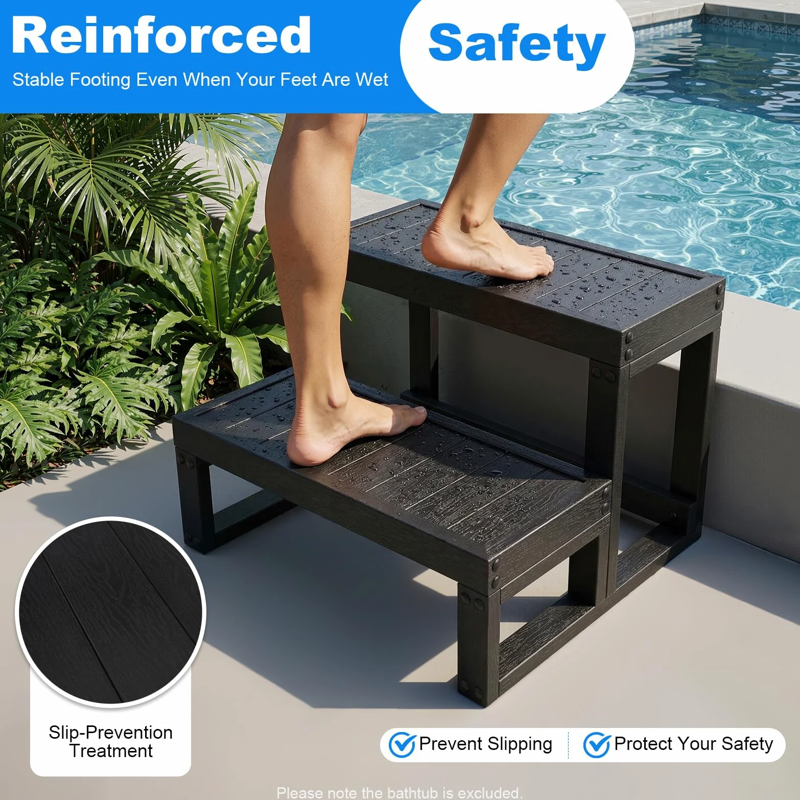 Escalera de 2 peldaños para bañera de hidromasaje, escalón de bañera, escalera antideslizante para piscina, grosor del tablón 15 mm, altura del escalón 21,2 cm, para jacuzzi, piscina y terraza, 60 x
