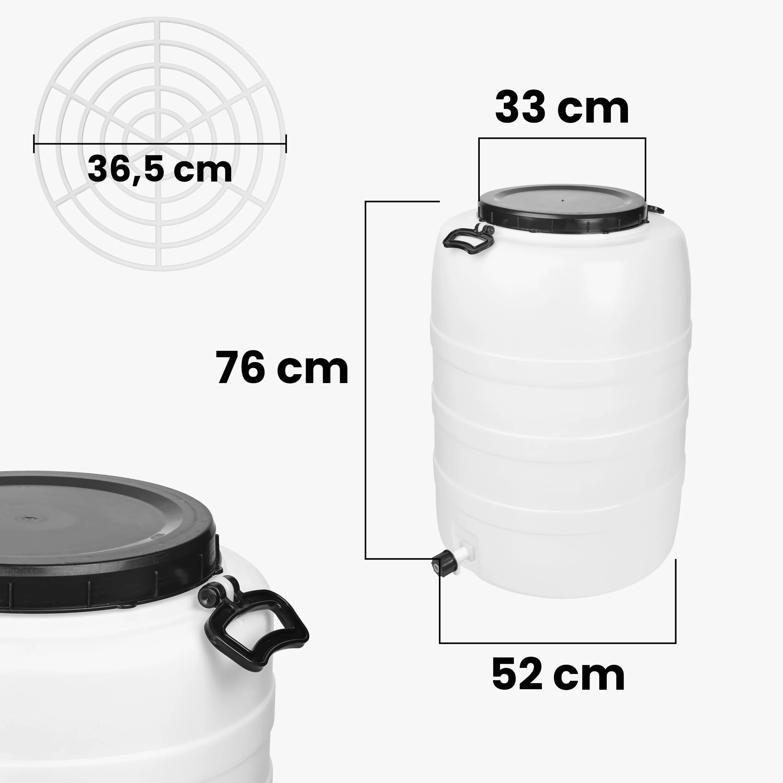 Garronda 120 L + Grifo + Prensa Bidon Barril de Plástico HDPE como Contenedor y Deposito para Agua y Alimentos para Almacenamiento, Fermentación y Recogida de Lluvia GD-0187 Blanco